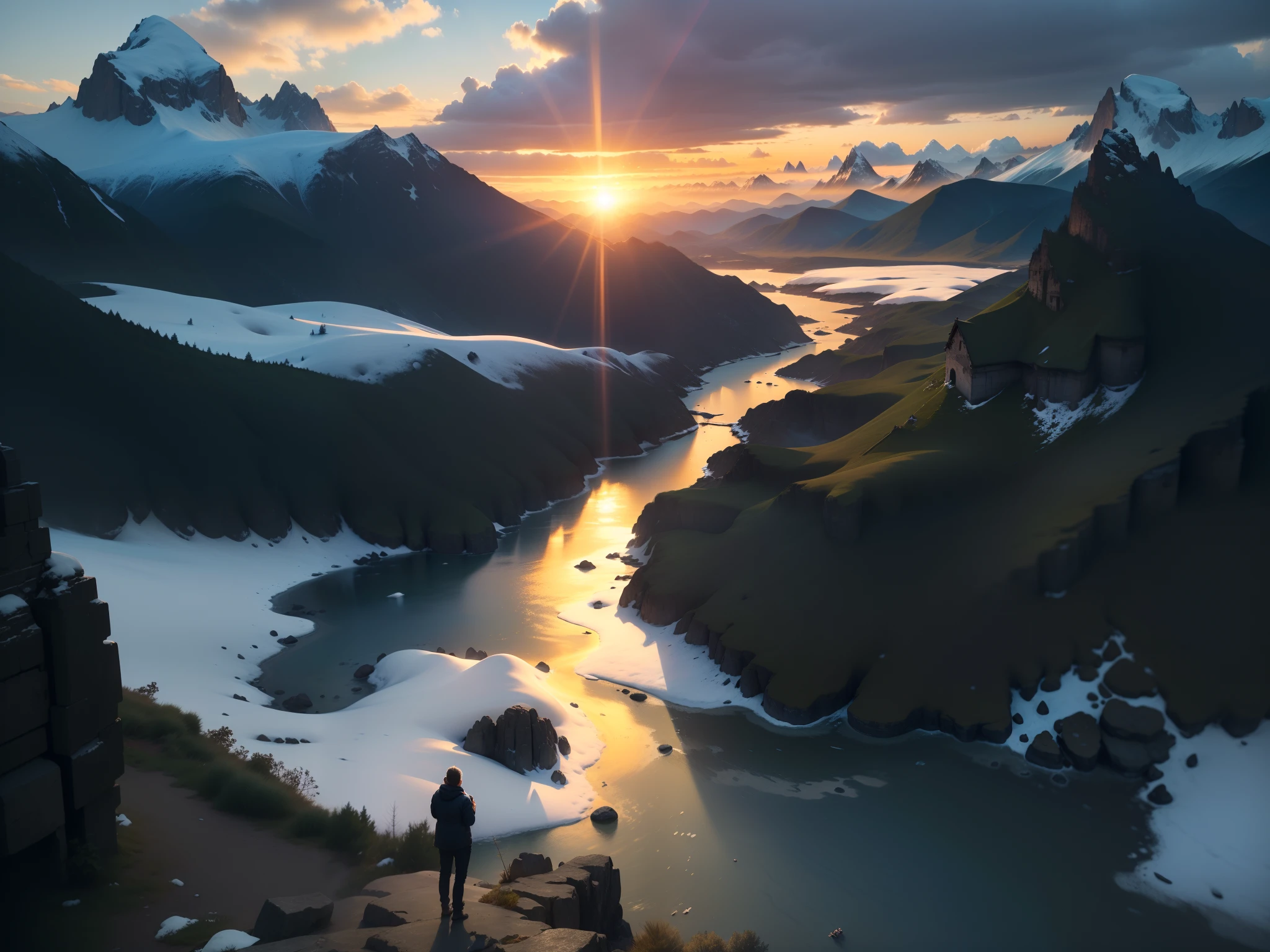(A high resolution，hyper HD，awardwinning，high detal，Best quality detailed，16k，high qulity，The is very detailed，Cinematic lighting effects，Outdoor Sketching，ultra hd photo），Excellent image quality，Realistic details，RAW photo of the landscape，small detailed，realisticlying，ultra real photo，People overlook the mountains from the top of the mountain，Faraway view，ultra-wide-angle，overhead photography，Sunlight shines，blue-sky，snow mountains，Yamakawa ，rios，Greenwood
