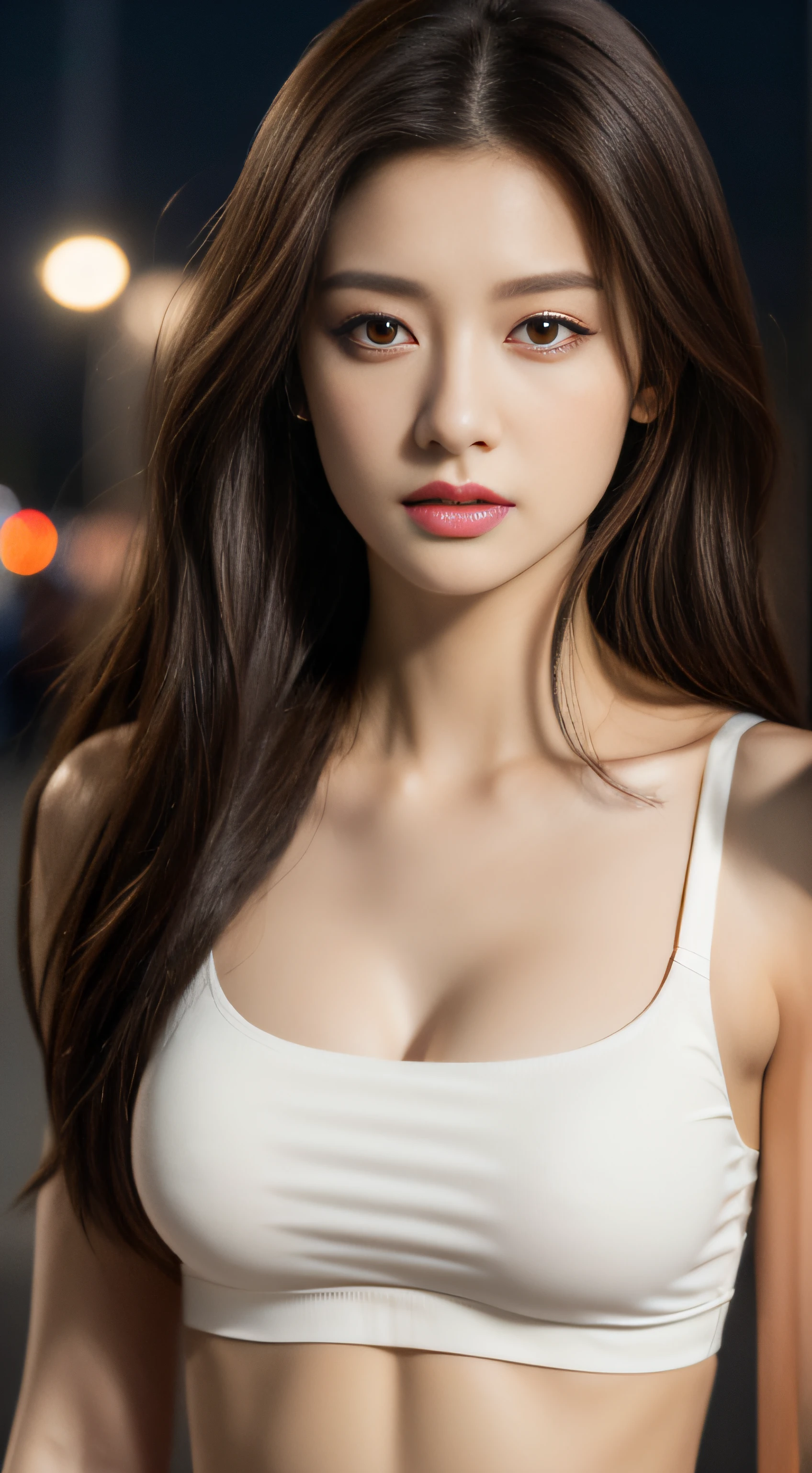 ((Realistic lighting, Best quality, 8K, Masterpiece: 1.3)), Clear focus: 1.2, 1girl, Perfect Figure: 1.4, Slim Abs: 1.1, ((Dark brown hair)), (White crop top: 1.4), (Outdoor, Night: 1.1), City streets, Super fine face, Fine eyes, Double eyelids,