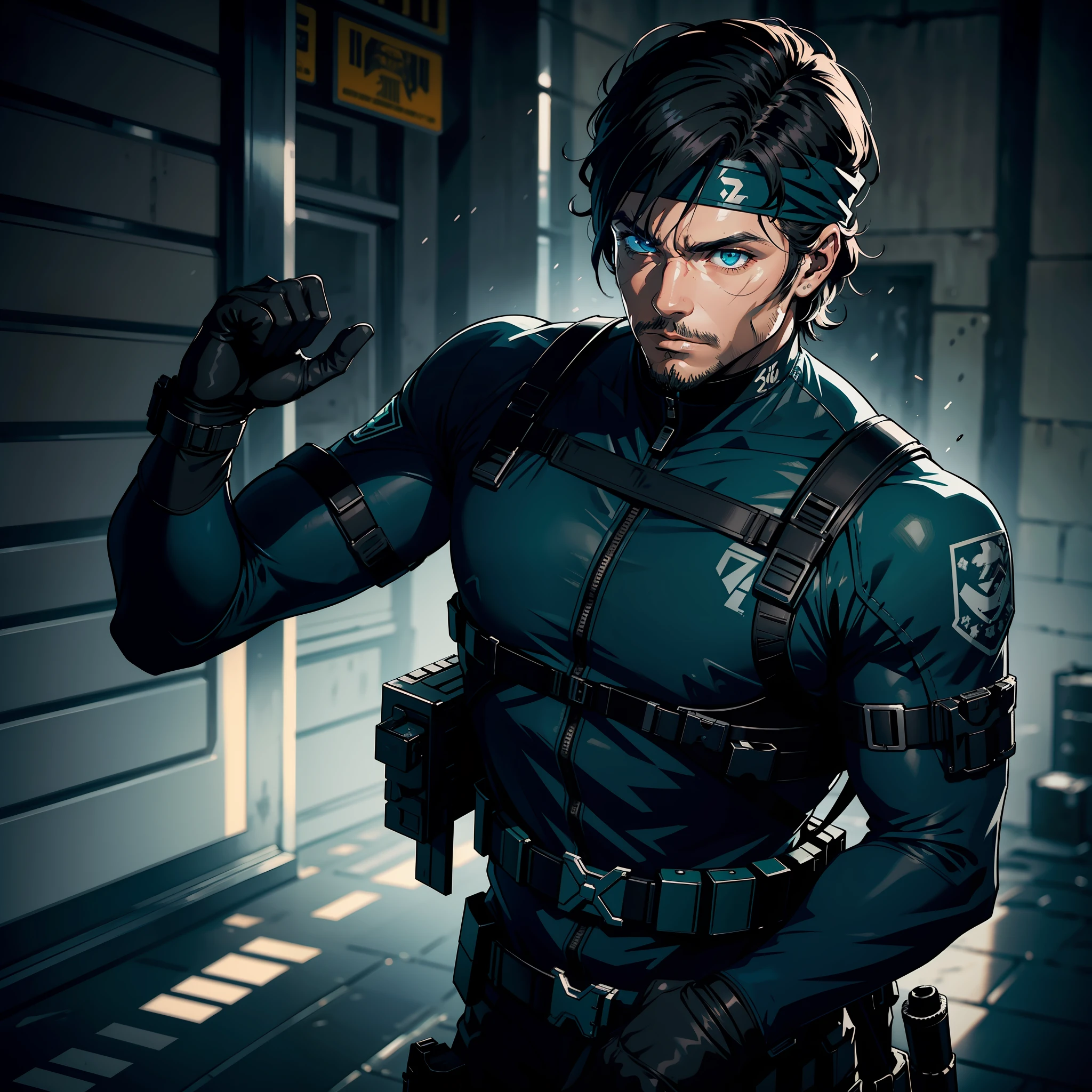 Solid metal snake character, young 25 years old, Caucasian, cabello negro, ojos azules, Tactical combat equipment, Black tactical diver clothing, Bandana, realista, Detallado, cold color palette, Verde Oscuro, Cultura pop, natural  lighting, Luz solar filtrada, Detalles realistas