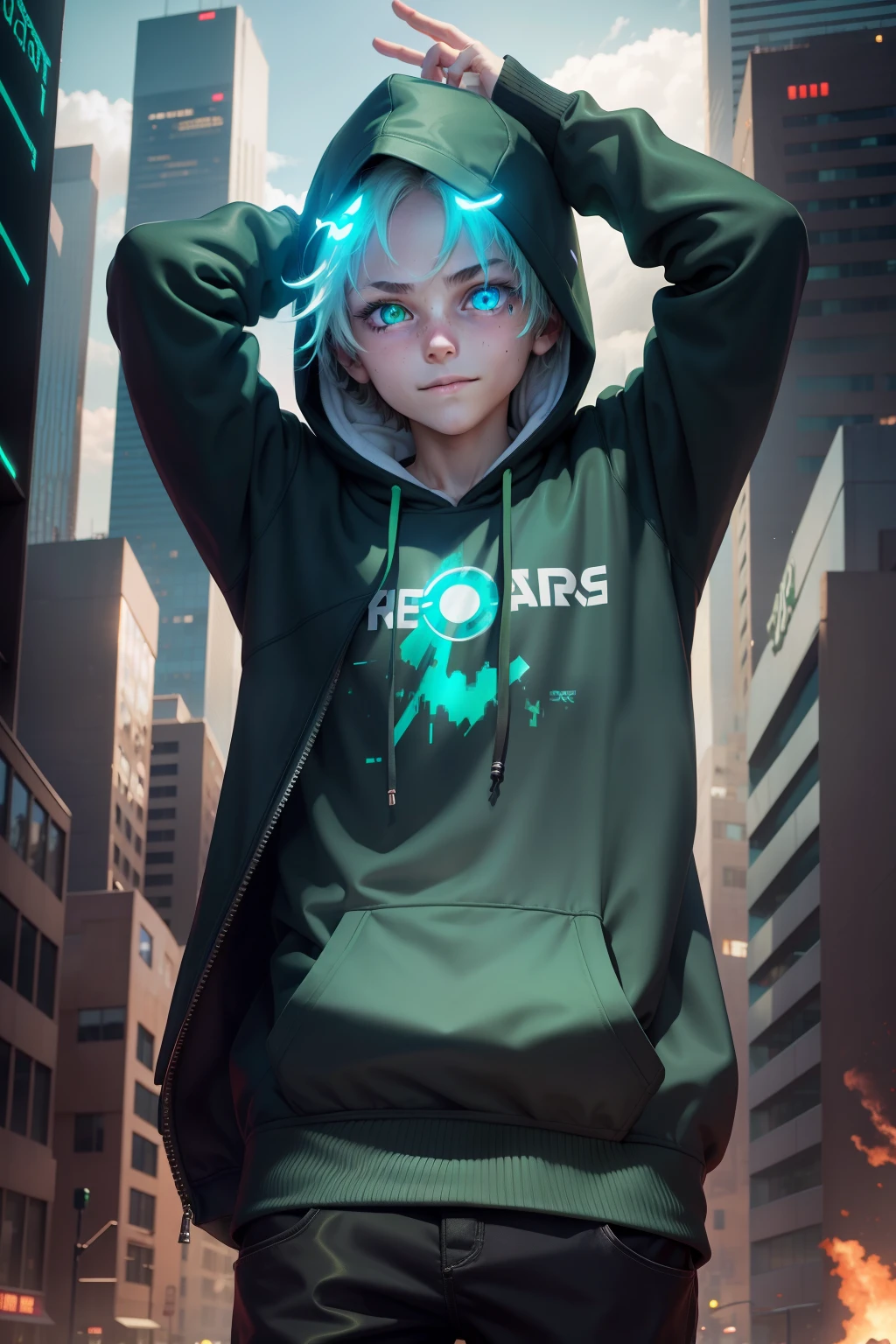 Hoodie , Green eyes, Glowing eyes, Mad eyes, Heterochromia , Embarrassed , Light smile, Boy, In the cyberpunk city, Explosion,greet.Wave arms behind head,
