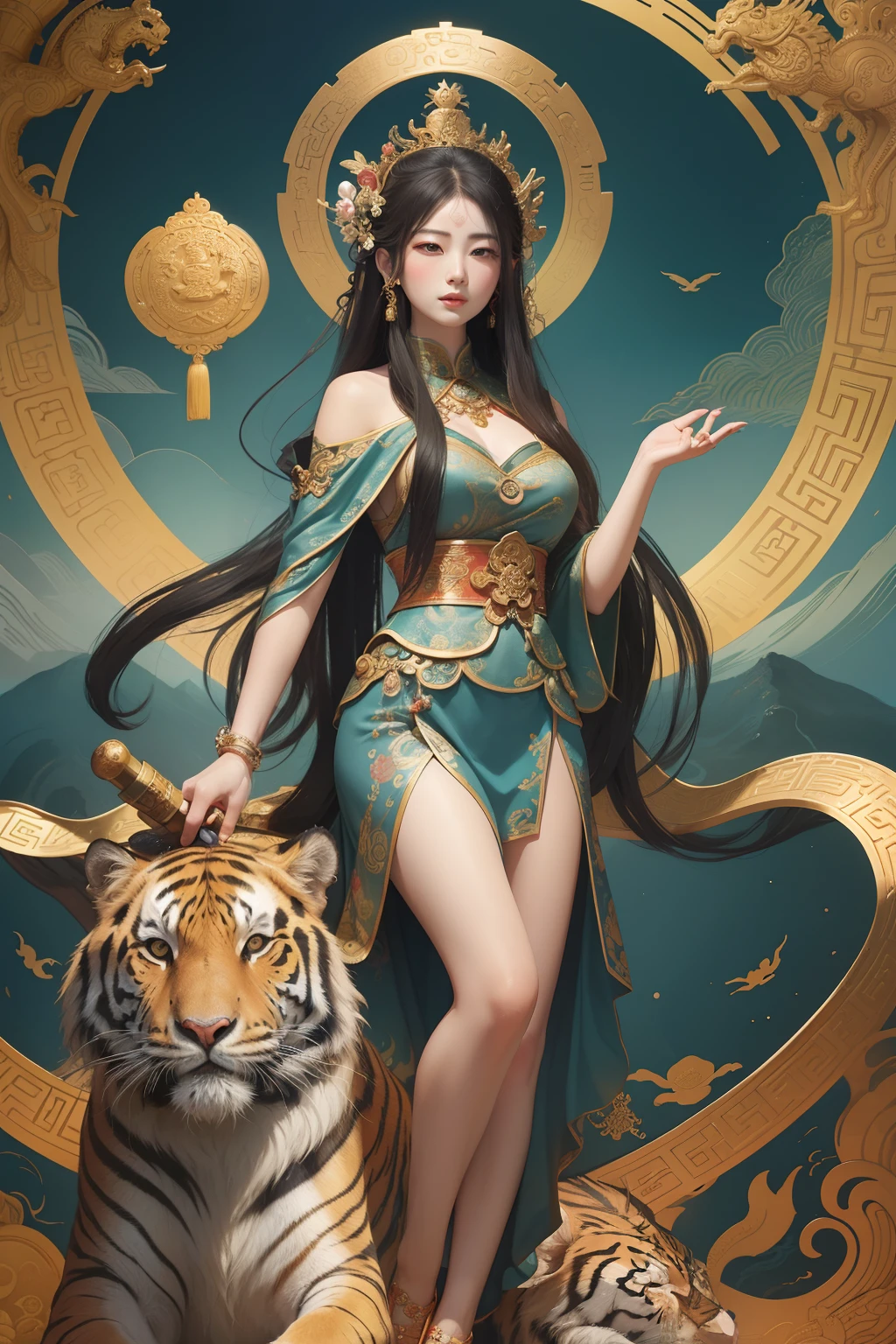 an ancient Chinese goddess, guanyin of the southern seas, Guanyin, Inspired by China, Avalokiteshvara rides a tiger,,Serene expression,shui mo hua,Buddha,Buddhist,Lotus,Chinese painting style,Thangka style