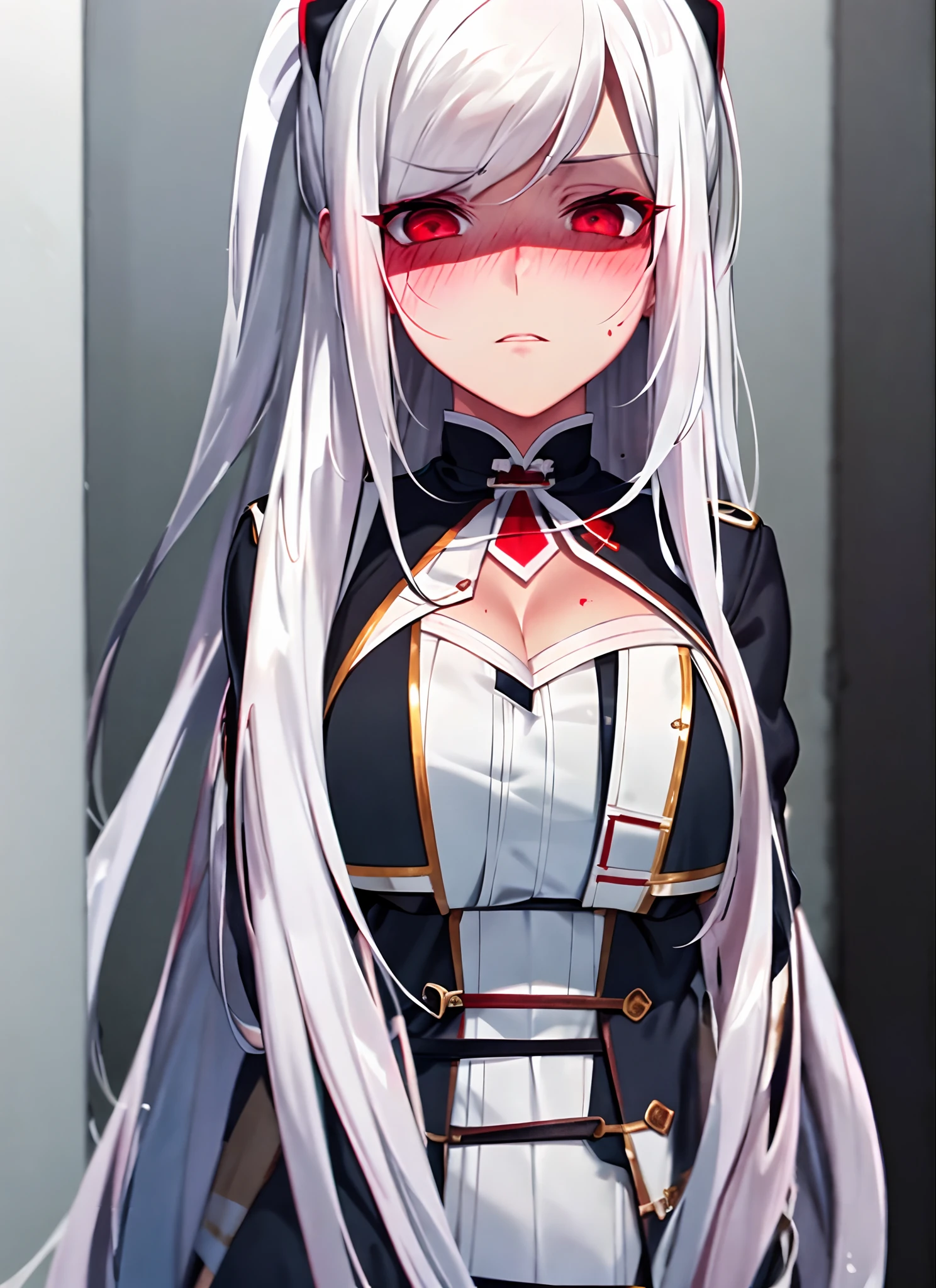 white hair,red eyes,disqusted,blush,looking away,rape,tied up