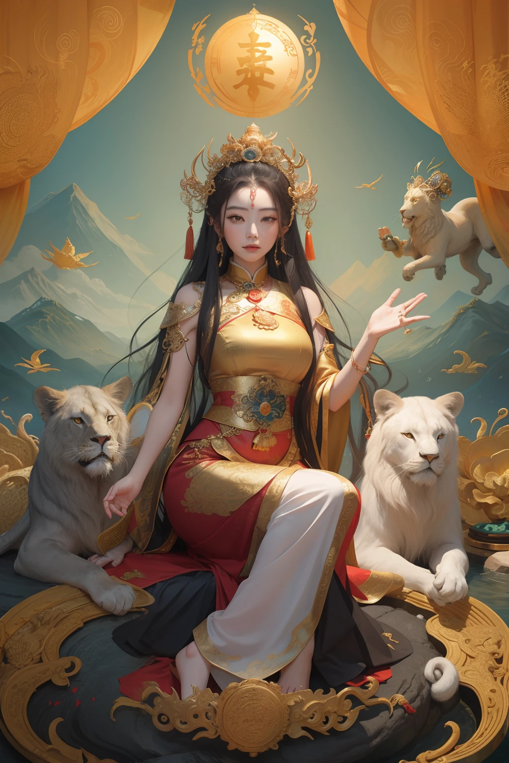 an ancient Chinese goddess, guanyin of the southern seas, Guanyin, Inspired by China, Avalokiteshvara rides a lion，,Serene expression,shui mo hua,Buddha,Buddhist,Lotus,Chinese painting style,Thangka style