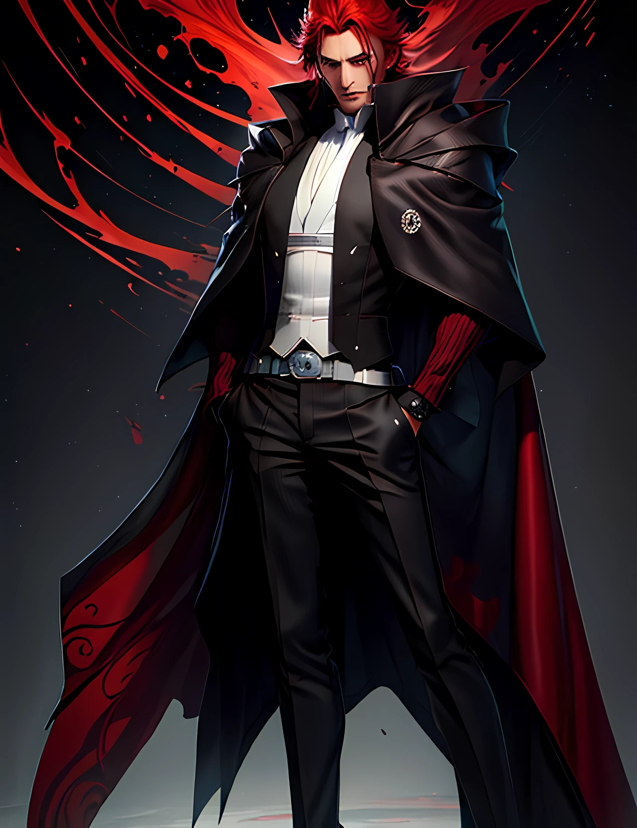 a boy with glasses, short brown hair, a black overcoat, a red sweater