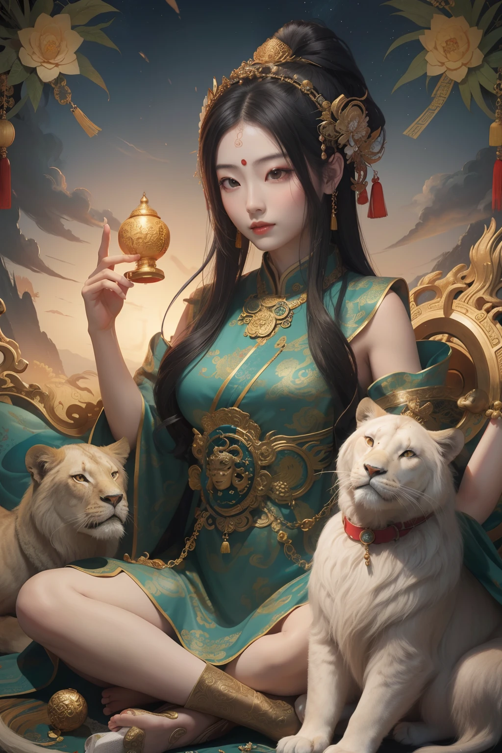 an ancient Chinese goddess, guanyin of the southern seas, Guanyin, Inspired by China, Avalokiteshvara rides a lion,,Serene expression,shui mo hua,Buddha,Buddhist,Lotus,Chinese painting style,Thangka style