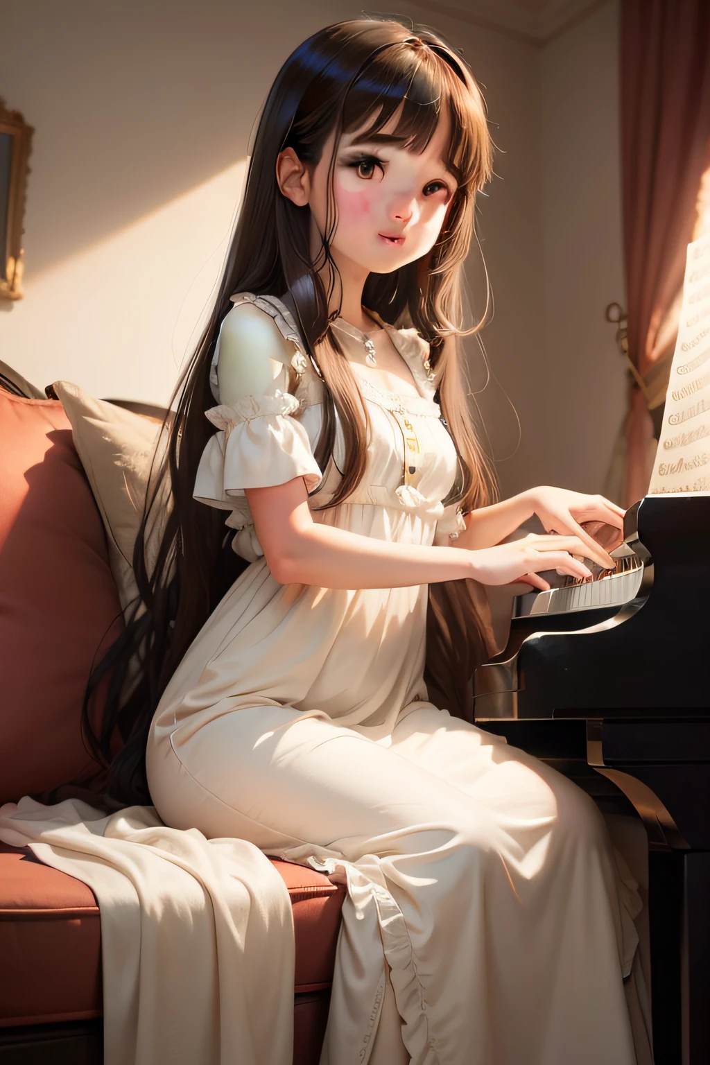 young girl, white skin, long brown hair, with bangs, long dress, playing piano, image like cartoon Disney drawing