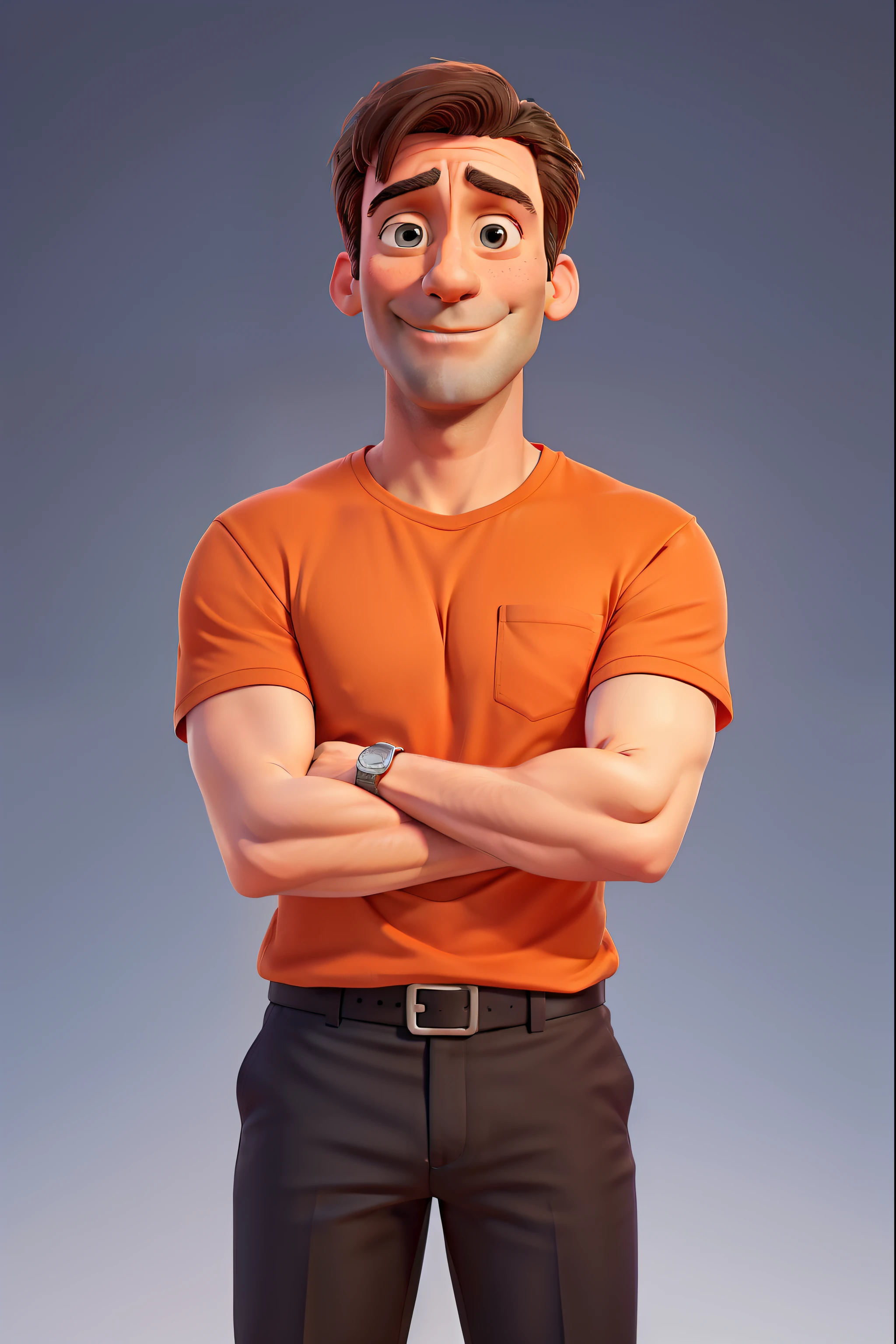Jon Hamm wore an orange T-shirt and over it a white shirt and black dress pants with his arms crossed looking straight ahead and smiling between his teeth