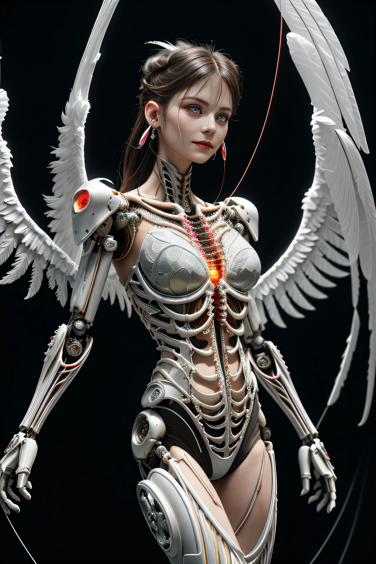 Woman with angelic body, anatomical, with technological skeleton parts, white face, with clear eyes, angelic, with fluorescent regions, background with a tree with fluorescent regions, 8K, Realism, Full HD, 3D