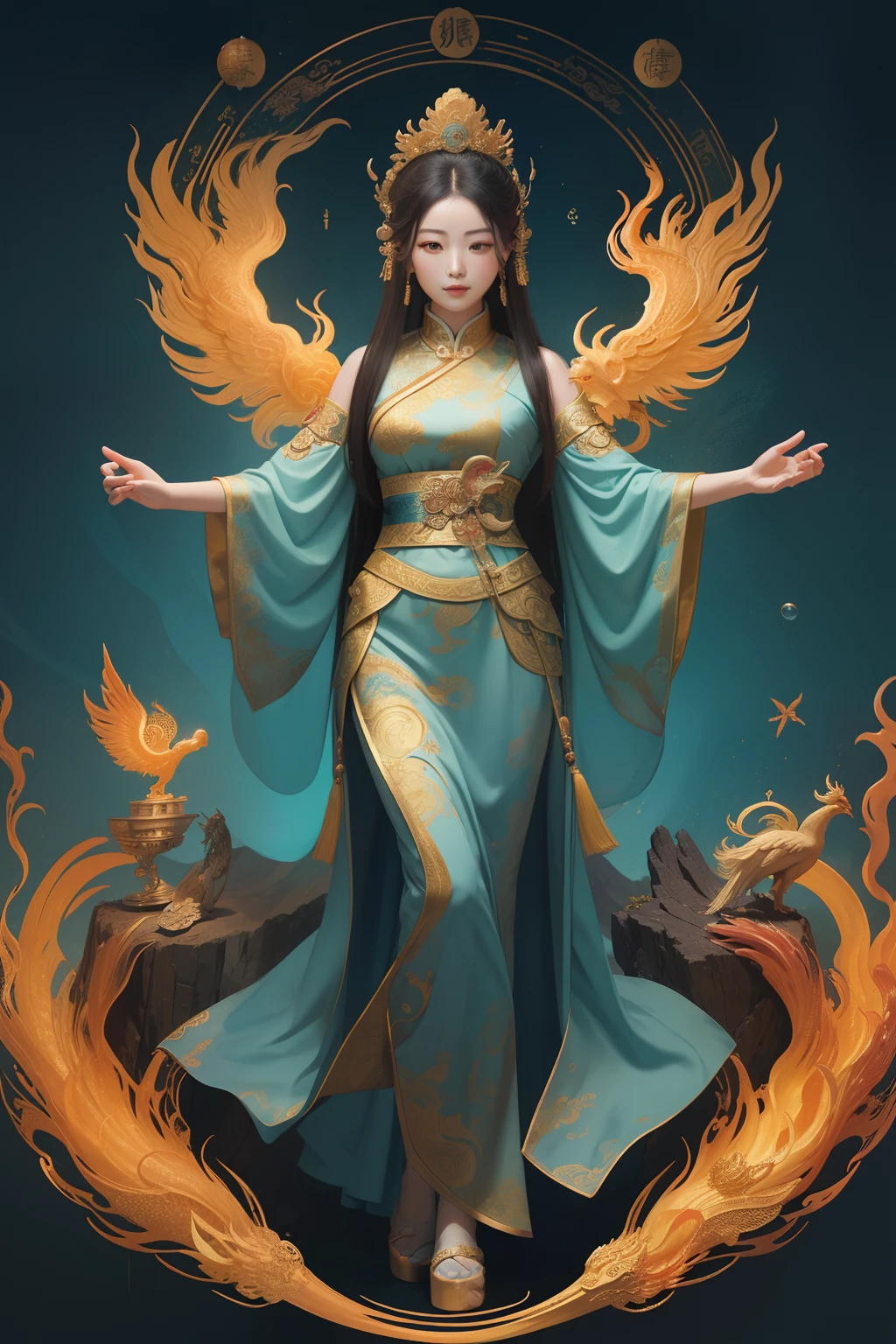 an ancient Chinese goddess, guanyin of the southern seas, Guanyin, Inspired by China, Avalokiteshvara rides a phoenix，,Serene expression,shui mo hua,Buddha,Buddhist,Lotus,Chinese painting style,Thangka style