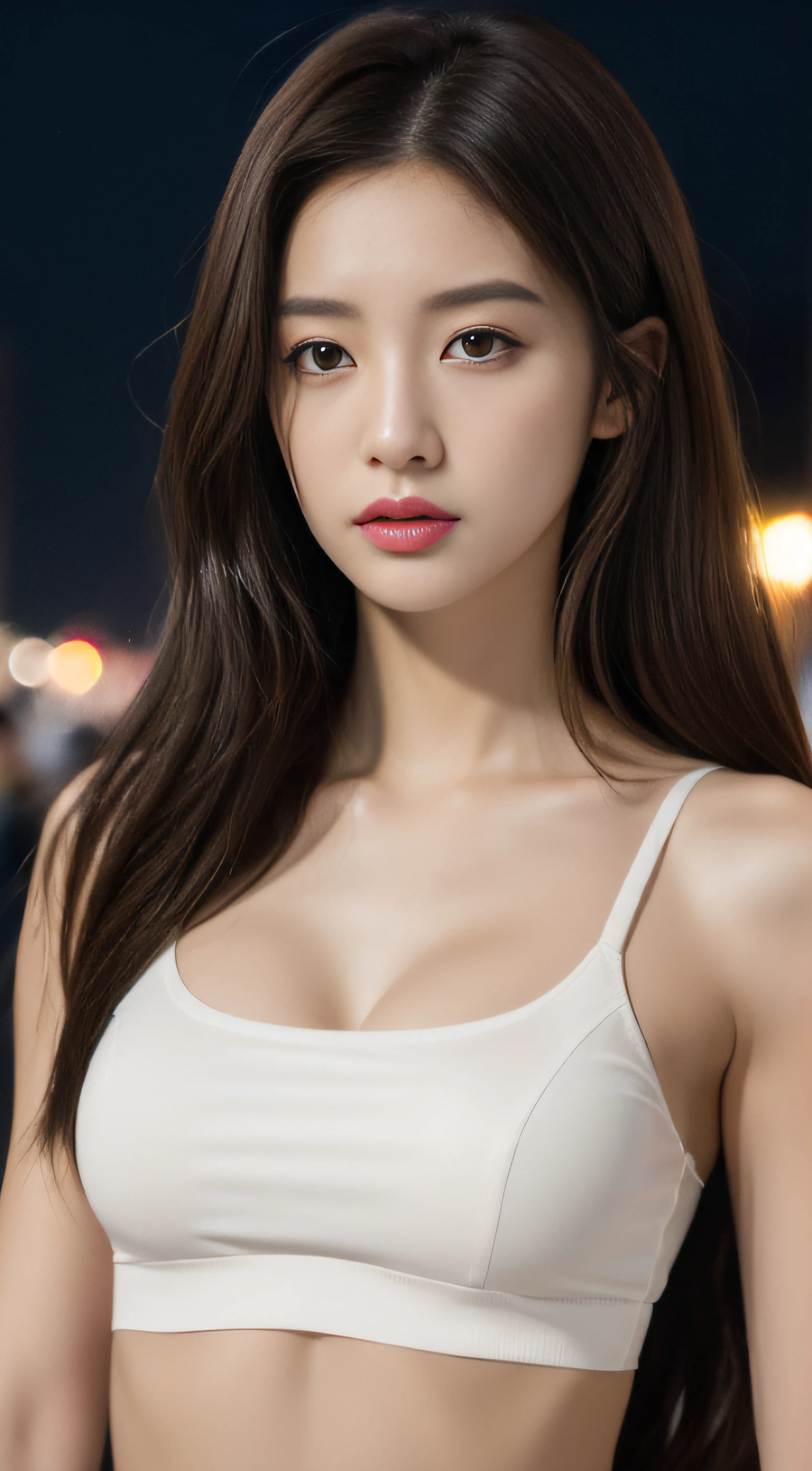 ((Realistic lighting, Best quality, 8K, Masterpiece: 1.3)), Clear focus: 1.2, 1girl, Perfect Figure: 1.4, Slim Abs: 1.1, ((Dark brown hair)), (White crop top: 1.4), (Outdoor, Night: 1.1), City streets, Super fine face, Fine eyes, Double eyelids,