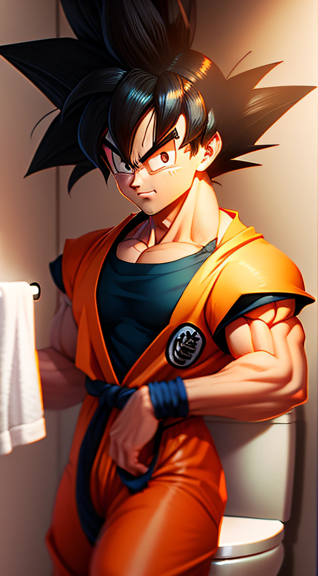 Goku looking at the camera using the toilet