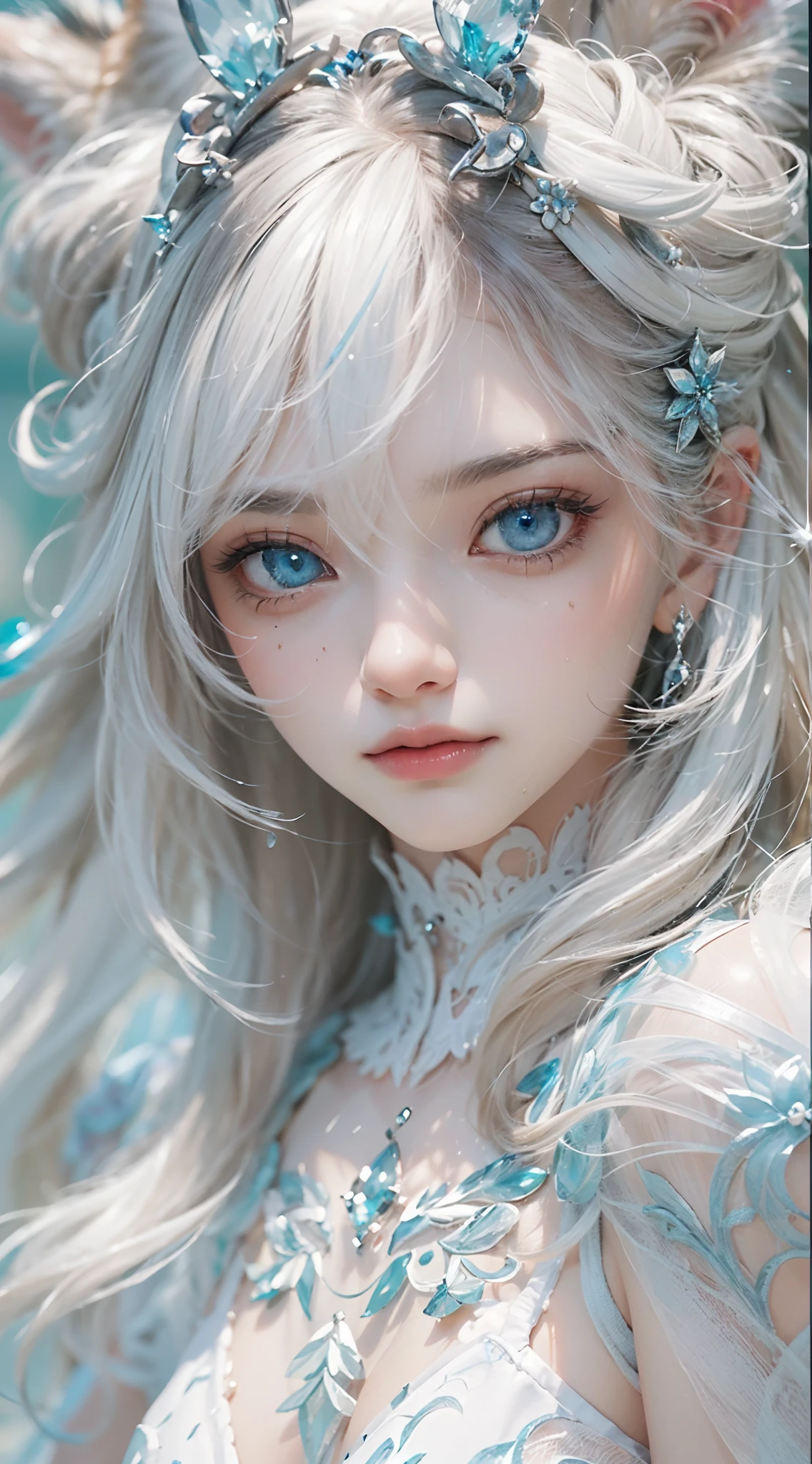 Seven part photos,Masterpiece, Best quality,offcial art, extremely detailed CG  8k wallpaper,(flying petal)(detailed ice) ,  crystalstexture skin, Cold expression, ((Fox ears)),White hair, long whitr hair, Messy hair, eBlue eyes,middlebreast,view the viewer,Extremely Delicately Beautiful, water,  ((beautydetailed eye)), highly  detailed, cinmatic lighting,((Beautiful face),fine water surface, (originalfigure painting), Ultra-detailed, incredibily detailed,  (Extremely Delicately Beautiful),Beautiful detailed eyes,(Best quality)