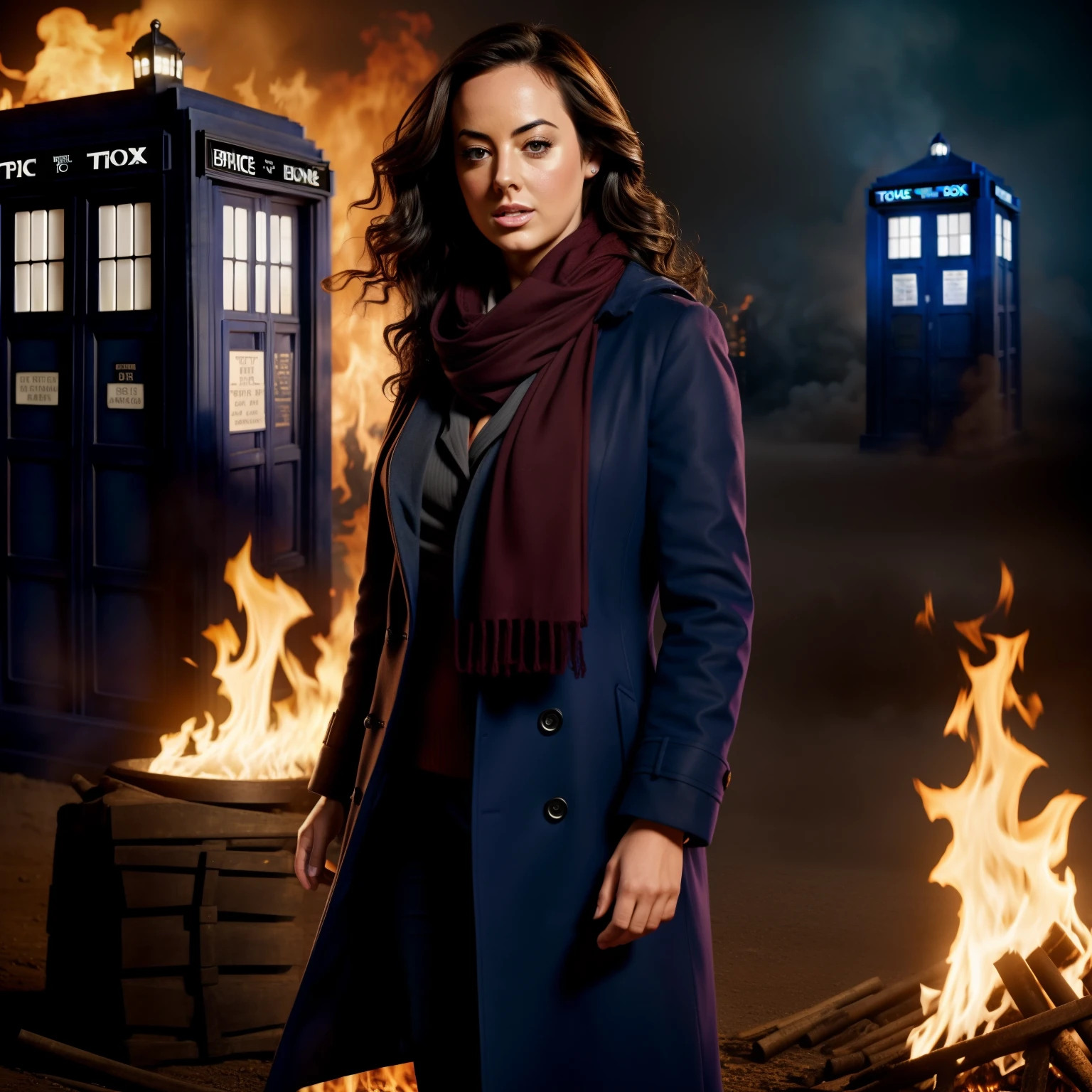 Detailed picture of Lindsey Strutt as The Doctor, Doctor Who, long curly hair, regeneration, long coat, fully clothed, scarf, flames in the background,  in distance TARDIS