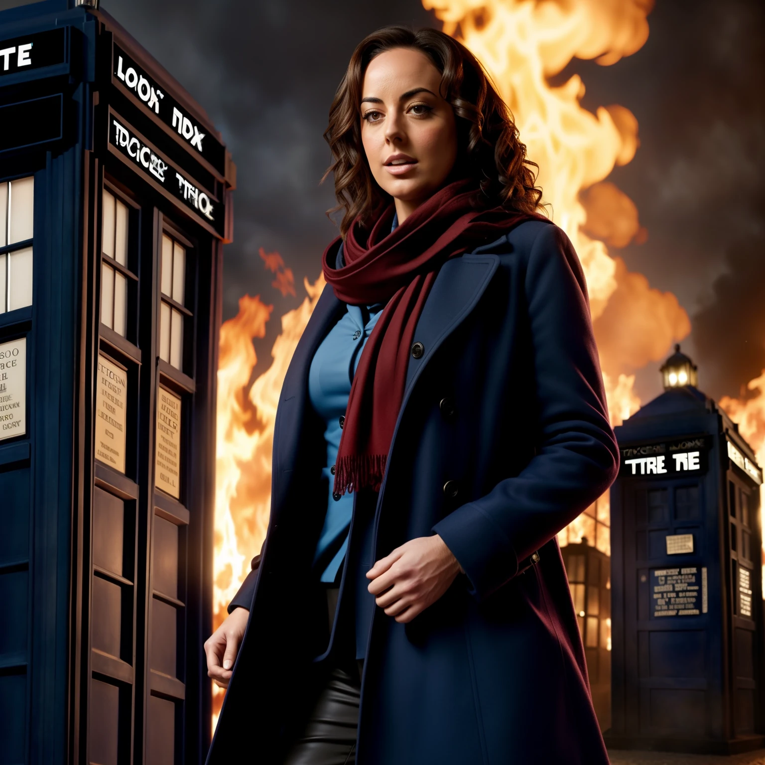 Detailed picture of Lindsey Strutt as The Doctor, Doctor Who, long curly hair, regeneration, long coat, fully clothed, scarf, flames in the background, in distance TARDIS