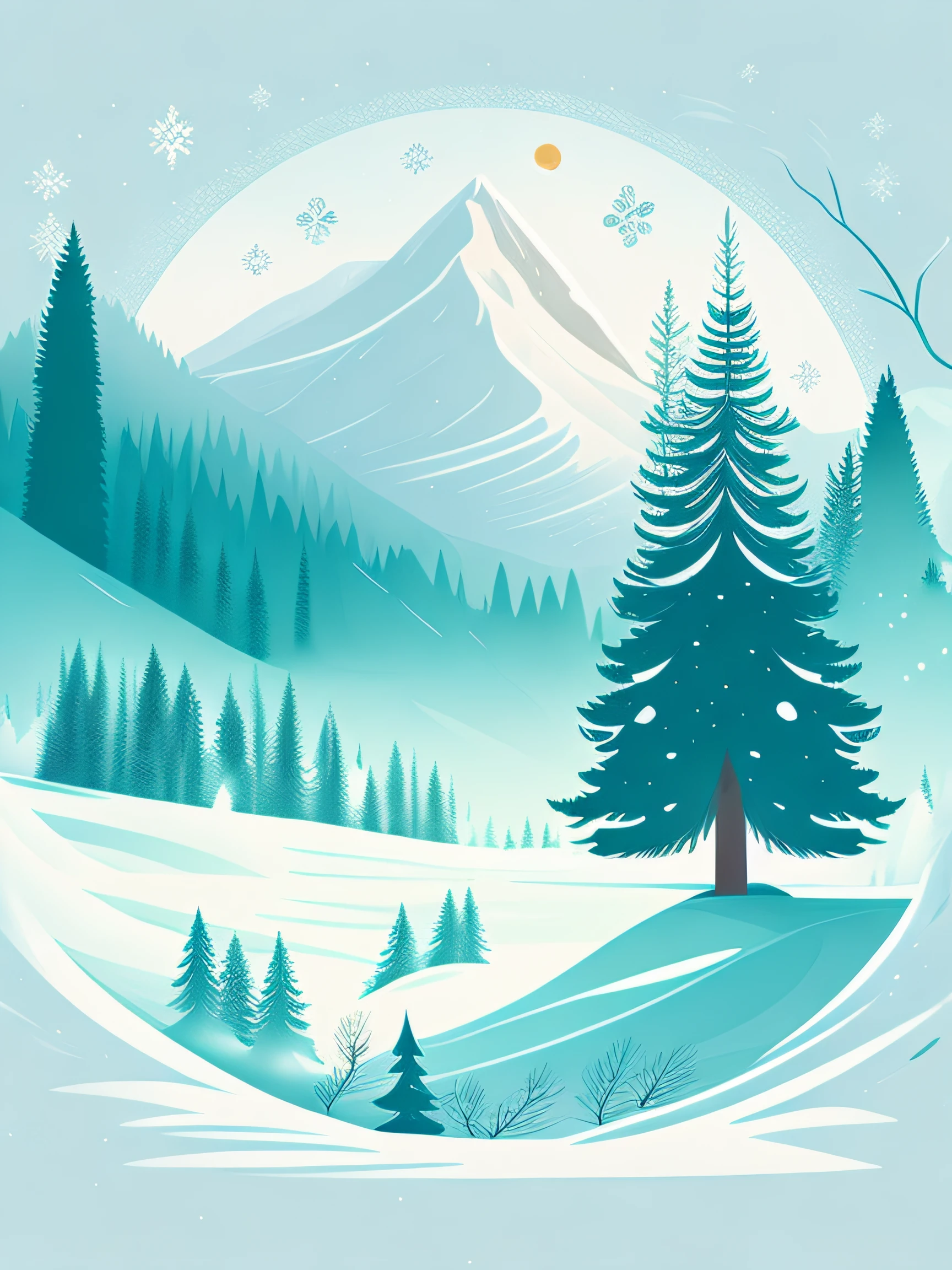 A spruce tree standing tall in a serene winter landscape, creating a captivating t-shirt design with a touch of rzminjourney's unique vector-art style.