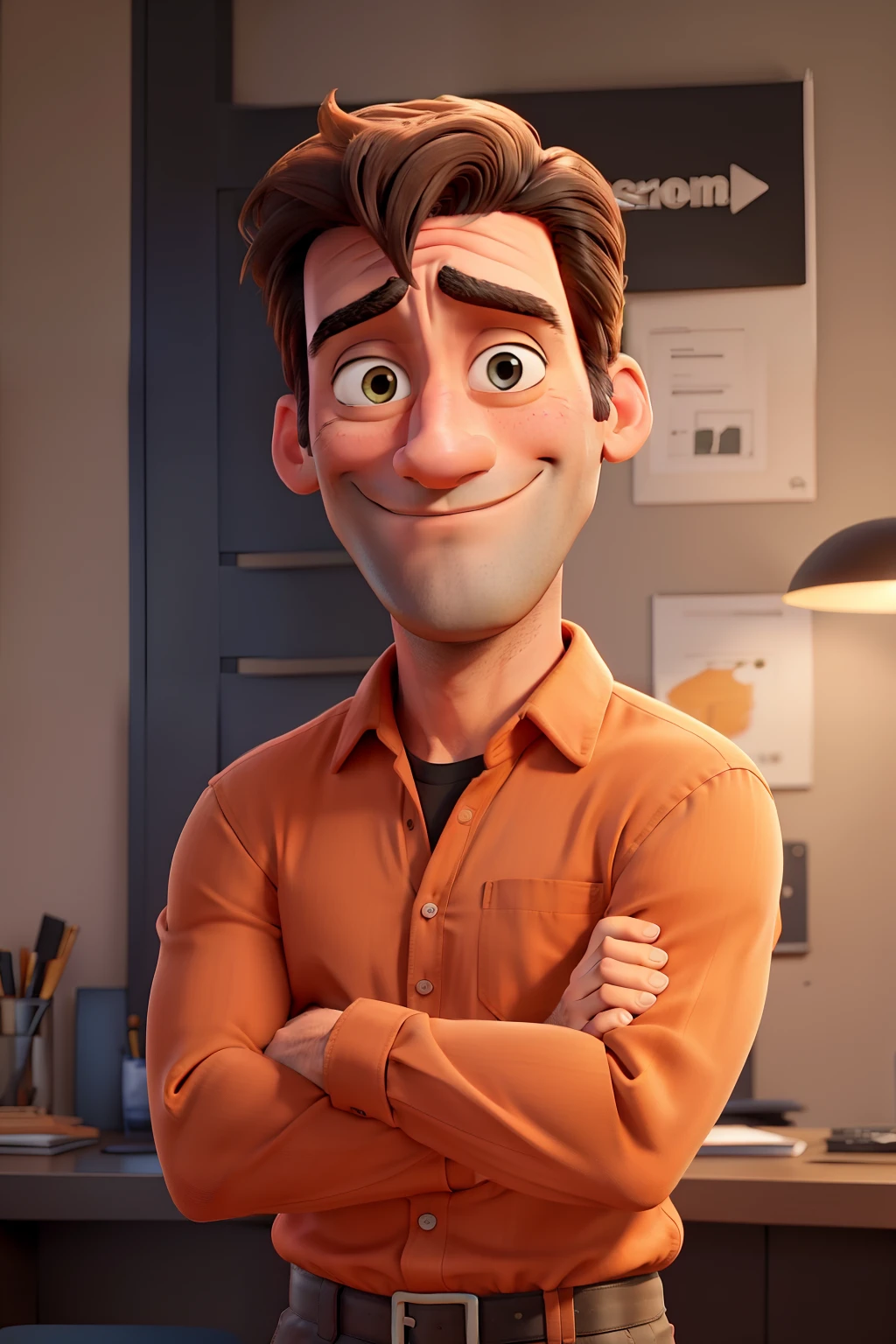 Jon Hamm, Cartoons in orange shirt and black pants, arms crossed, olhando para frente e sorrindo com os dentes aparecendo;