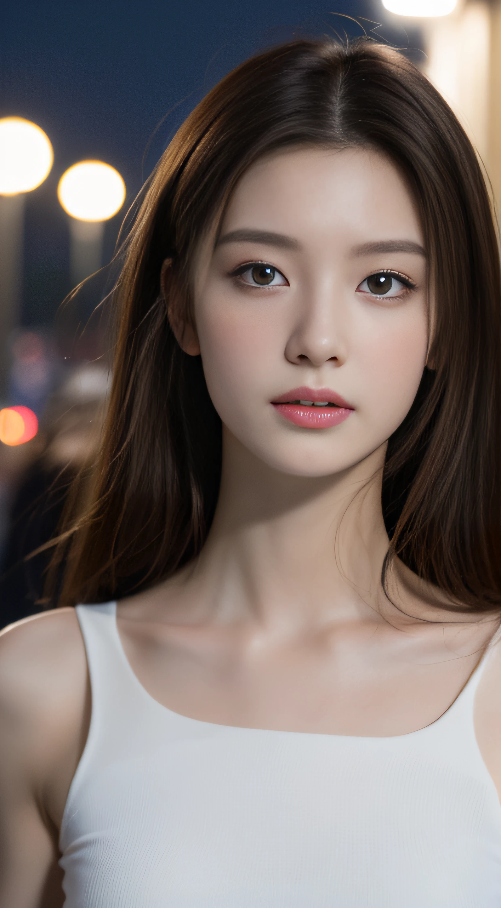 ((Realistic lighting, Best quality, 8K, Masterpiece: 1.3)), Clear focus: 1.2, 1girl, Perfect Figure: 1.4, Slim Abs: 1.1, ((Dark brown hair)), (White crop top: 1.4), (Outdoor, Night: 1.1), City streets, Super fine face, Fine eyes, Double eyelids,