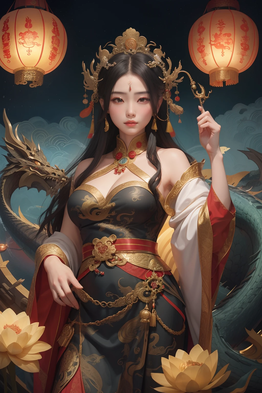 an ancient Chinese goddess, guanyin of the southern seas, Guanyin, Inspired by China, Avalokiteshvara rides a dragon,,Serene expression,shui mo hua,Buddha,Buddhist,Lotus,Chinese painting style,Thangka style