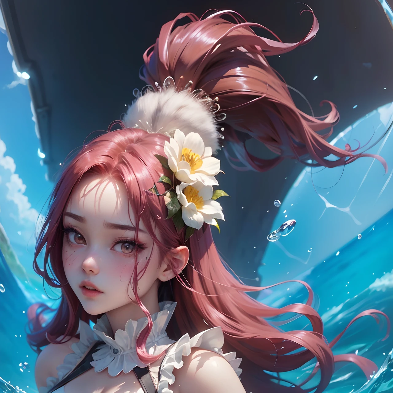 (Masutepiece: 1.3), (maximum resolution: 1.2), (Ultra HDTV: 1.2), cinematic lighting, 8K resolution, Eye and skin detail, detailed facial features, , ( Sharp focus: 1.2), (Face focus: 1.2) , Perfect style, Beautiful, sharp face, Anatomically accurate, Highly detailed facial structure and skin, Eye detail, Eyes Double eyelids, Thin eyebrows, Glitter eyeliner: 1 Natural cheeks, Glossy skin, Fair skin: 1.2, (Lipstick: 1.4), 、 (Shy look: 1.2), Skin and face texture details , Eye detail, Double eyelids, Natural cheeks, , Glossy lips: 1.4, Protruding cleavage、(Sperm count: 1.4) (Large thigh sperm count: 1.2)) Blushing 、shy 、missing patience、frustration、fear of being stared at, masturbation with open knees, masturbation with legsstroking、yellow underwear、yellow bra, small flower ears Socks、Thigh sweat、Transparent underwear 、 , neat and clean woman 、Rose red hair、Colored hair、Long hair, Big boobs, Upturned, Standing in the sand, Beach、(Page) Complete bikini Edit): 1.5、Transparent eyebrow skirt , Long pink red hair, Landscape with a lot of sea water, Several coconut trees, big breasts, Butterfly wings made of transparent water, On the head is a rabbit, Hair has a white rabbit, white bikini.
