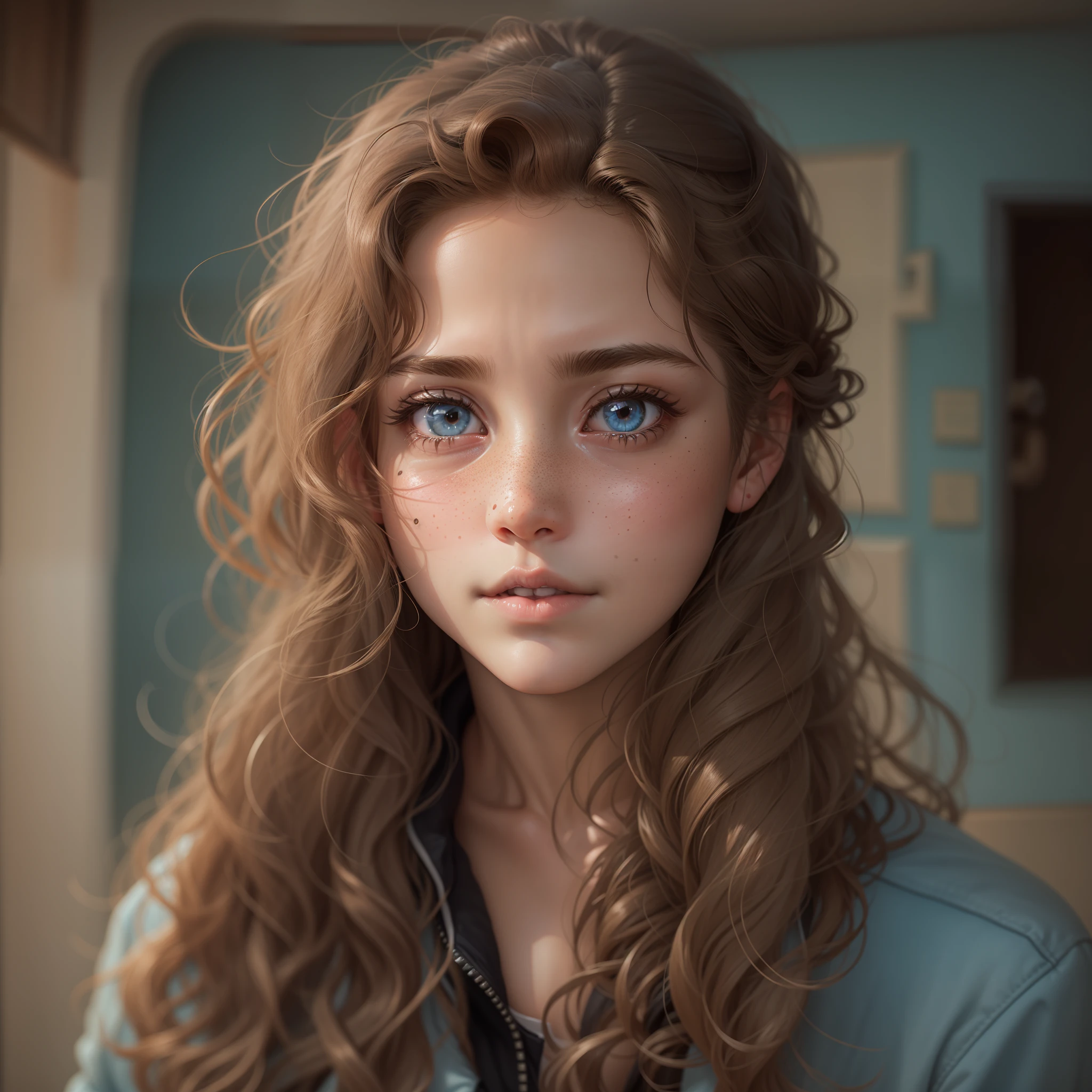 14 year old girl, light brown long wavy hair, cute freckles on cheeks, brown eyes, black jacket, light blue pulled up shirt, tiny nose, missionary pose, average size boobs, hourglass shaped body, boobs showing