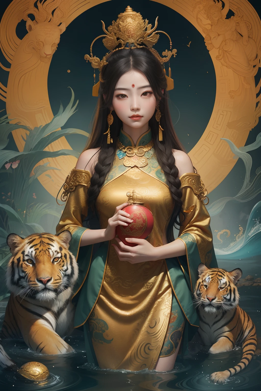 an ancient Chinese goddess, guanyin of the southern seas, Guanyin, Inspired by China, Avalokiteshvara rides a tiger，,Serene expression,shui mo hua,Buddha,Buddhist,Lotus,Chinese painting style,Thangka style