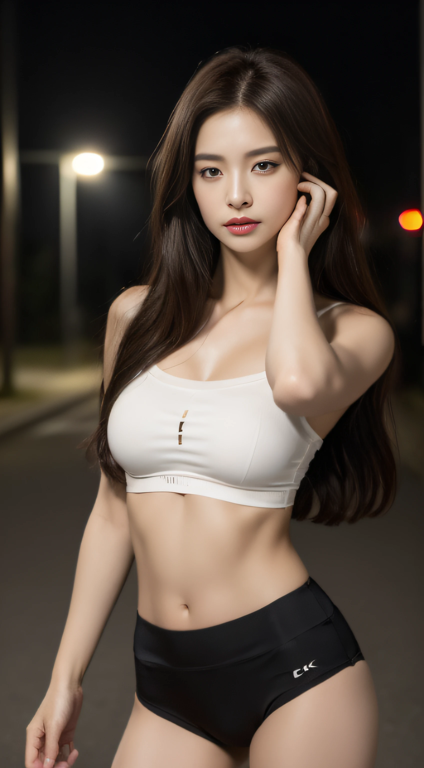 ((Realistic lighting, Best quality, 8K, Masterpiece: 1.3)), Clear focus: 1.2, 1girl, Perfect Figure: 1.4, Slim Abs: 1.1, ((Dark brown hair)), (Bare midriff: 1.4), (Outdoor, Night: 1.1), City streets, Super fine face, Fine eyes, Double eyelids,