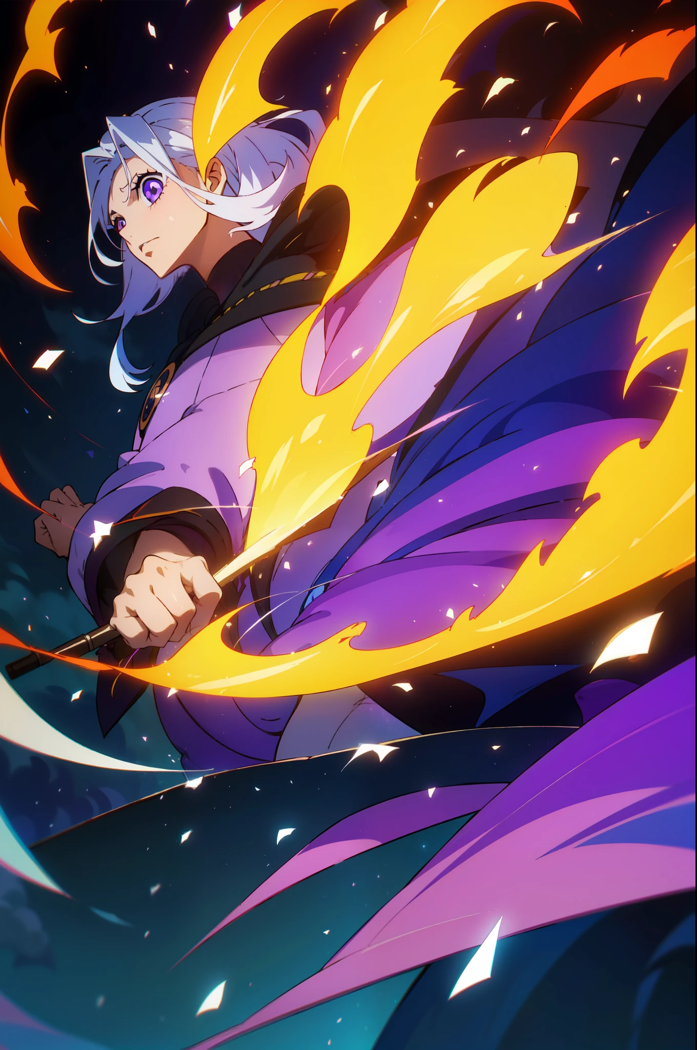 1boy, wanostyle, con el pelo blanco largo, purple eyes, purple sweater, aspecto enojado, mirando al espectador, solo, parte superior del cuerpo, (((obra maestra))), ((mejor calidad)), (extremadamente detallado), acuarela, illustration, profundidad de campo , boceto, sombras oscuras intensas, foco nítido, soft illuminaotion, hdr, colorido, Good Composition, fuego por todos lados, espectacular, captura de pantalla de anime