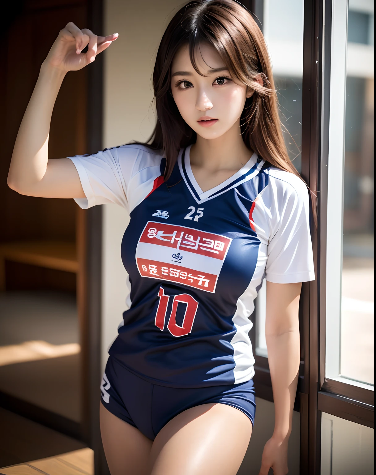 8K,RAW portrait of japanese girl,Photorealistic,超A high resolution,Best Quality,8K, ​masterpiece, Textured skin, Super Detail, high details, High quality, hight resolution、Korean Idol、Nogizaka Idol、hposing Gravure Idol、(Young girls:1.3),(Looking away:1.3) BREAK (Volleyball player,Volleyball uniform:1.1),Indoor,(Soft breasts),sport short pants,(dynamic compositions:1.1),(Sweat,Shiny skin:1.2) BREAK (Natural Skin Texture,Detailed skin, Hyper-Realism,ultra sharpness),Intricate details,depth of fields,(Bright lighting:1.2),、Korean Idol、Nogizaka Idol、hposing Gravure Idol、a blond、Korean Idol、Nogizaka Idol、hposing Gravure Idol