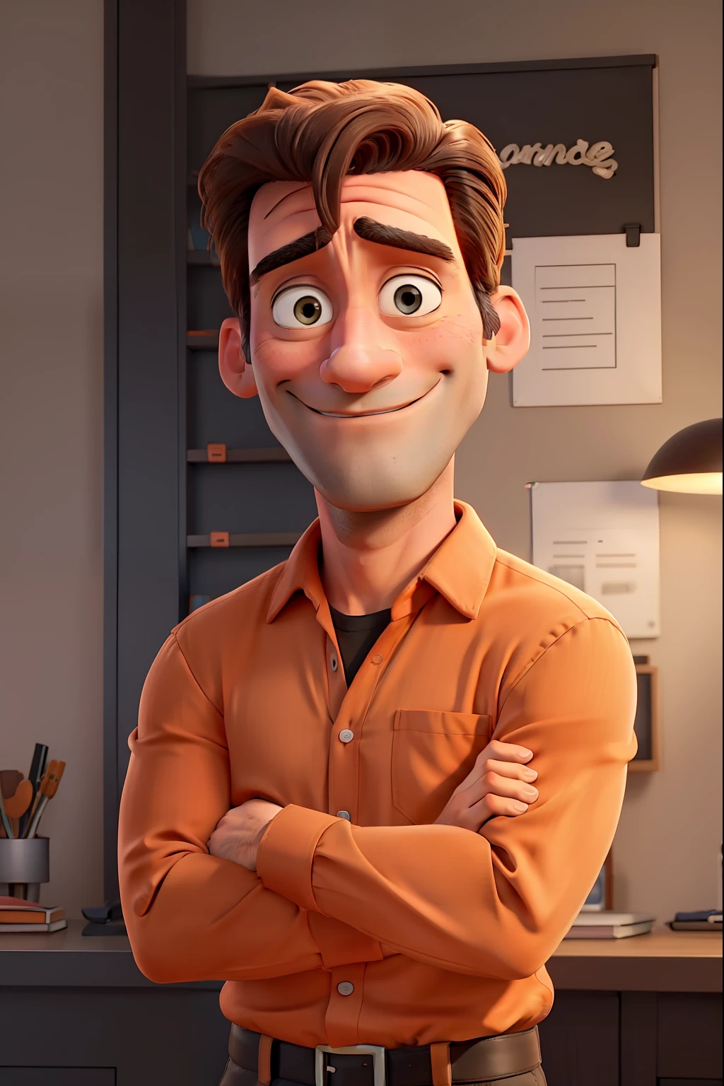 Jon Hamm, Cartoons in orange shirt and black pants, arms crossed, olhando para frente e sorrindo com os dentes aparecendo;