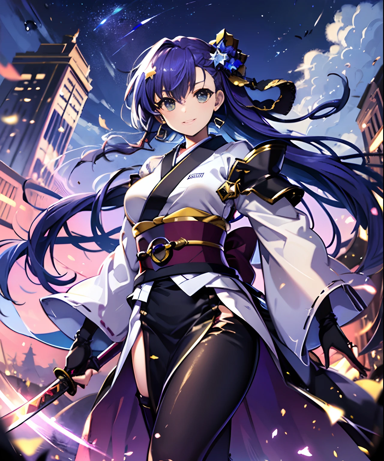 (((​masterpiece)))、(((top-quality)))、((ultra-detailliert))、1girl in、A smile、The long-haired、Light purple hair、strong breeze、In nature、Holding a sword in his hand、Kimono、Longsword、battle field、Star chips、overlord、Strong