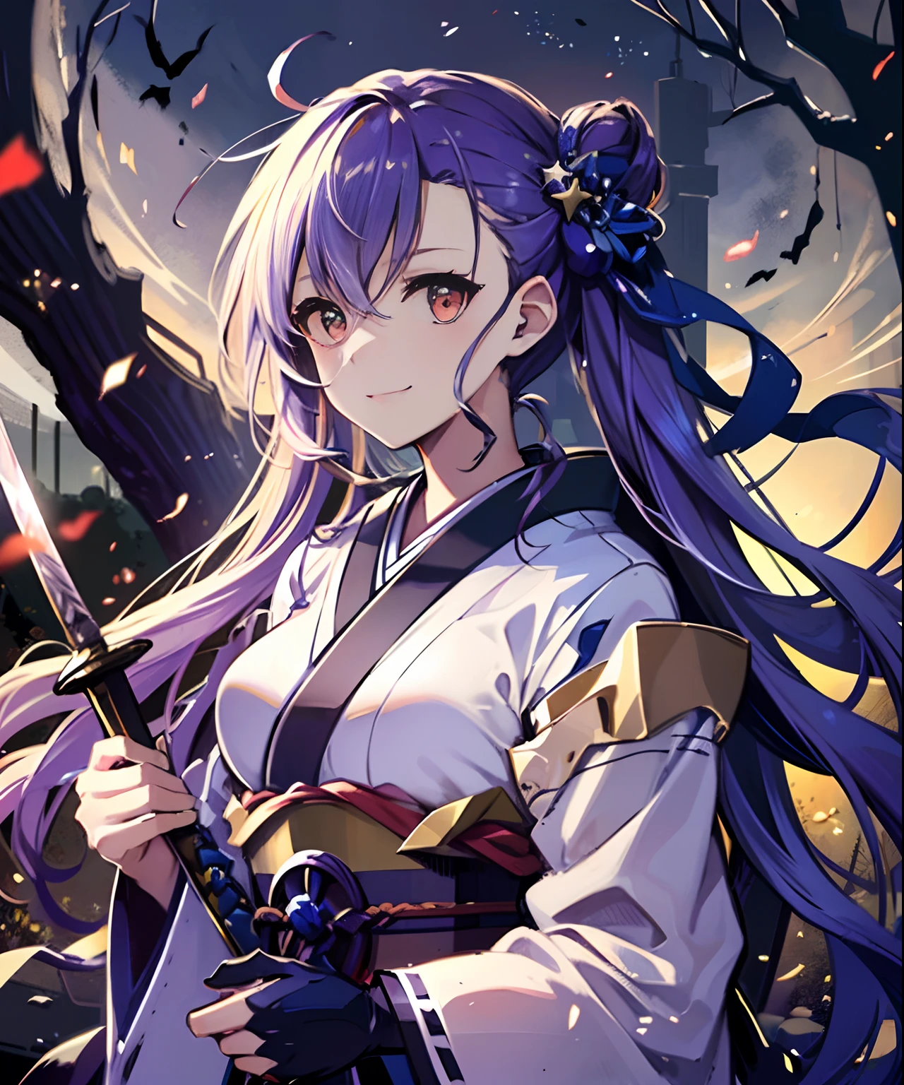 (((​masterpiece)))、(((top-quality)))、((ultra-detailliert))、1girl in、A smile、The long-haired、Light purple hair、strong breeze、In nature、Holding a sword in his hand、Kimono、Longsword、battle field、Star chips、overlord、Strong