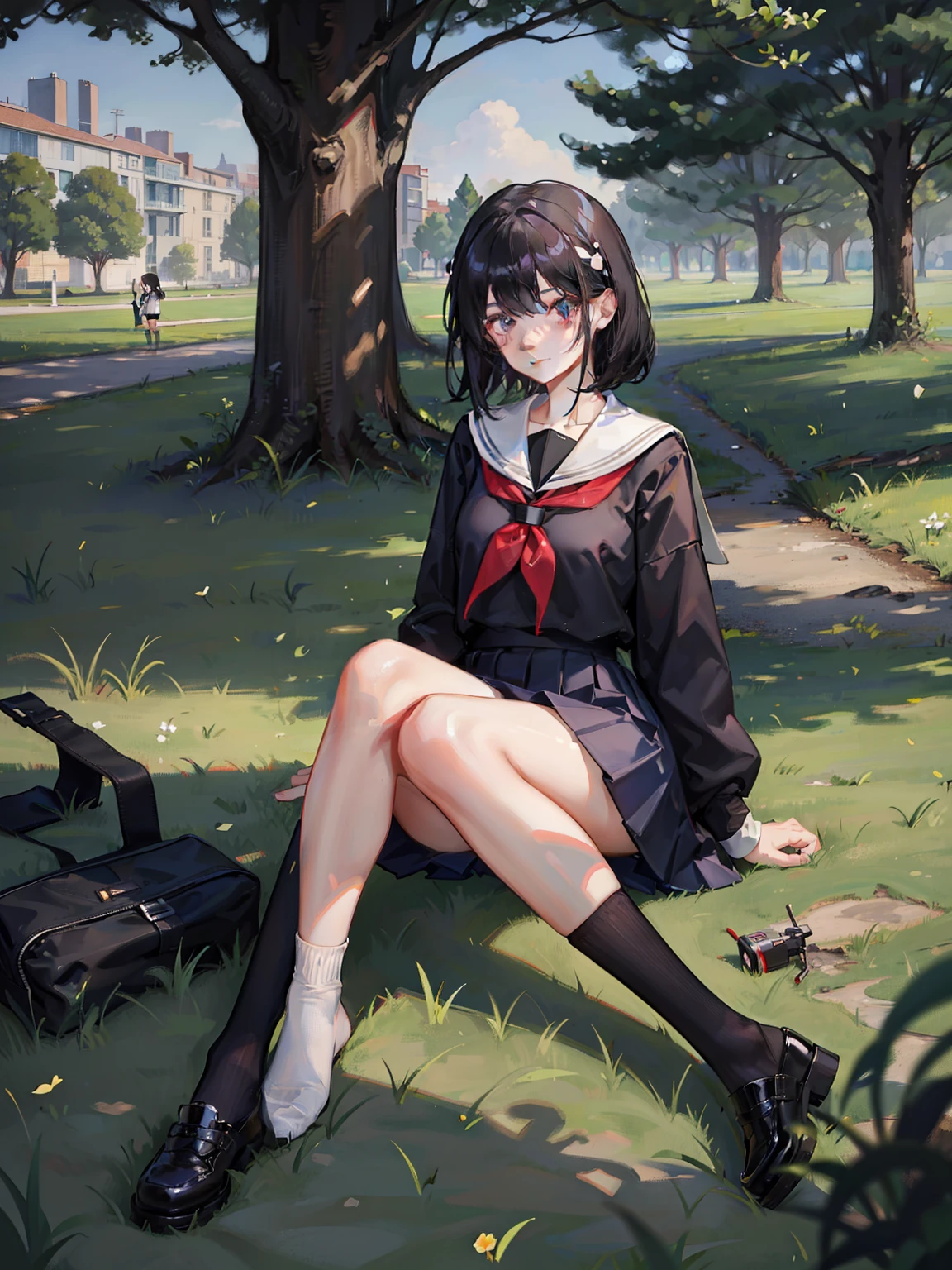 8K,k hd,Anime 1.4,adolable,is shy,schoolgirls,18yr old,school ground,Under the plane tree,Alone,youthfulness,Pure,Short black shoulder-length hair,校服,white short socks,Be red in the face