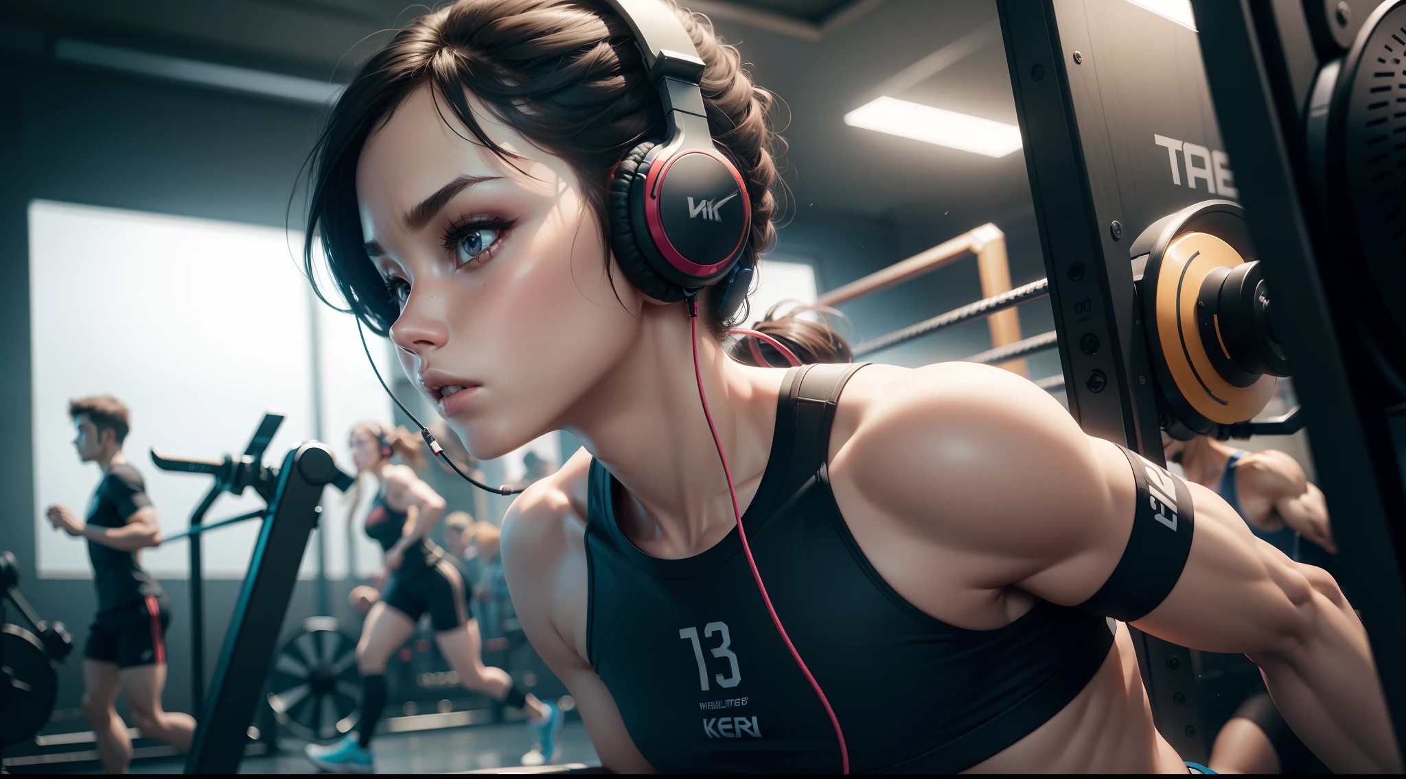 1 girl, Are standing, With baseball cap, headphones, at the gym, well-proportioned, wearing tight gym clothes, light trace, (Running on a treadmill: 1.2), sweating (realistic: 1.4), official art, unity 8k wallpaper, Super detailed, beautiful beauty, masterpiece, highest quality, glowing skin, cinematic lighting, light smile