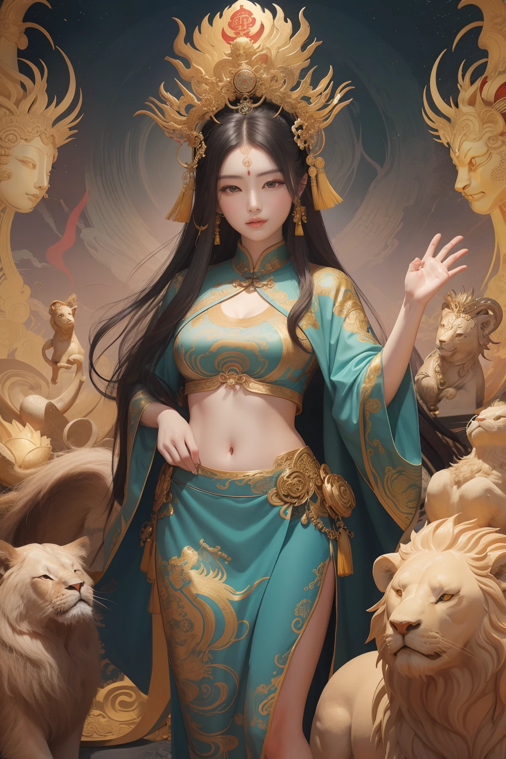 an ancient Chinese goddess, guanyin of the southern seas, Guanyin, Inspired by China, Avalokiteshvara rides a lion,,Serene expression,shui mo hua,Buddha,Buddhist,Lotus,Chinese painting style,Thangka style