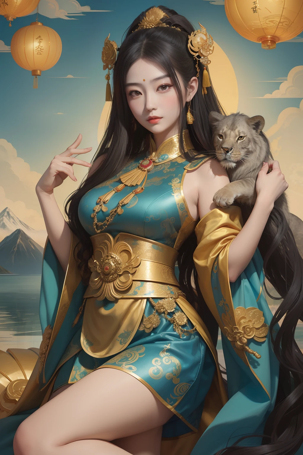 an ancient Chinese goddess, guanyin of the southern seas, Guanyin, Inspired by China, Avalokiteshvara rides a lion,,Serene expression,shui mo hua,Buddha,Buddhist,Lotus,Chinese painting style,Thangka style