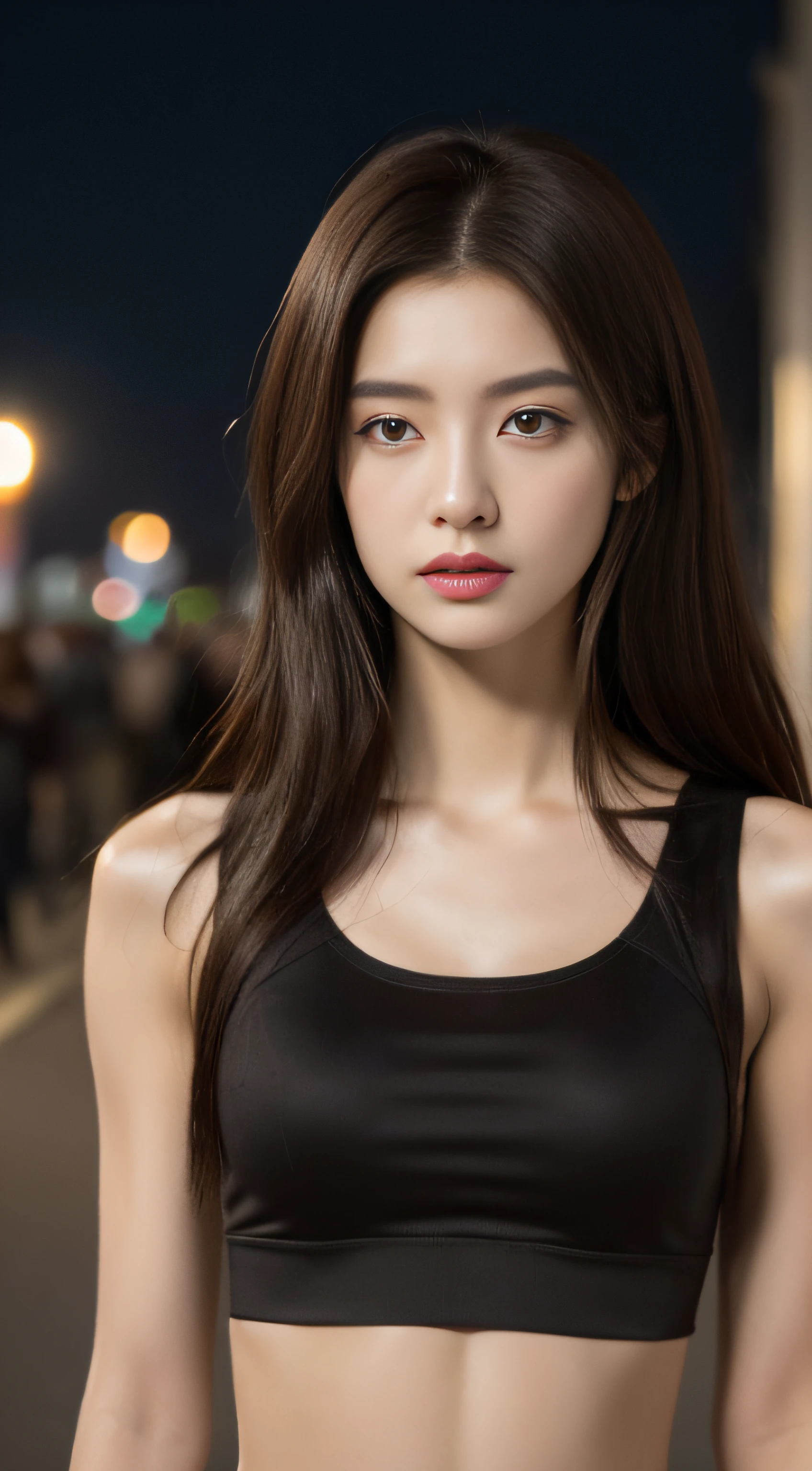 ((Realistic lighting, Best quality, 8K, Masterpiece: 1.3)), Clear focus: 1.2, 1girl, Perfect Figure: 1.4, Slim Abs: 1.1, ((Dark brown hair)), (Bare midriff: 1.4), (Outdoor, Night: 1.1), City streets, Super fine face, Fine eyes, Double eyelids,