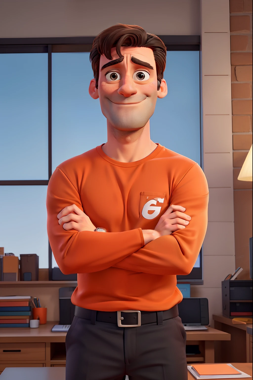 Jon Hamm, Cartoon, He wore an orange T-shirt and over it a white shirt and black dress pants, arms crossed, olhando para frente e sorrindo entre os dentes;
