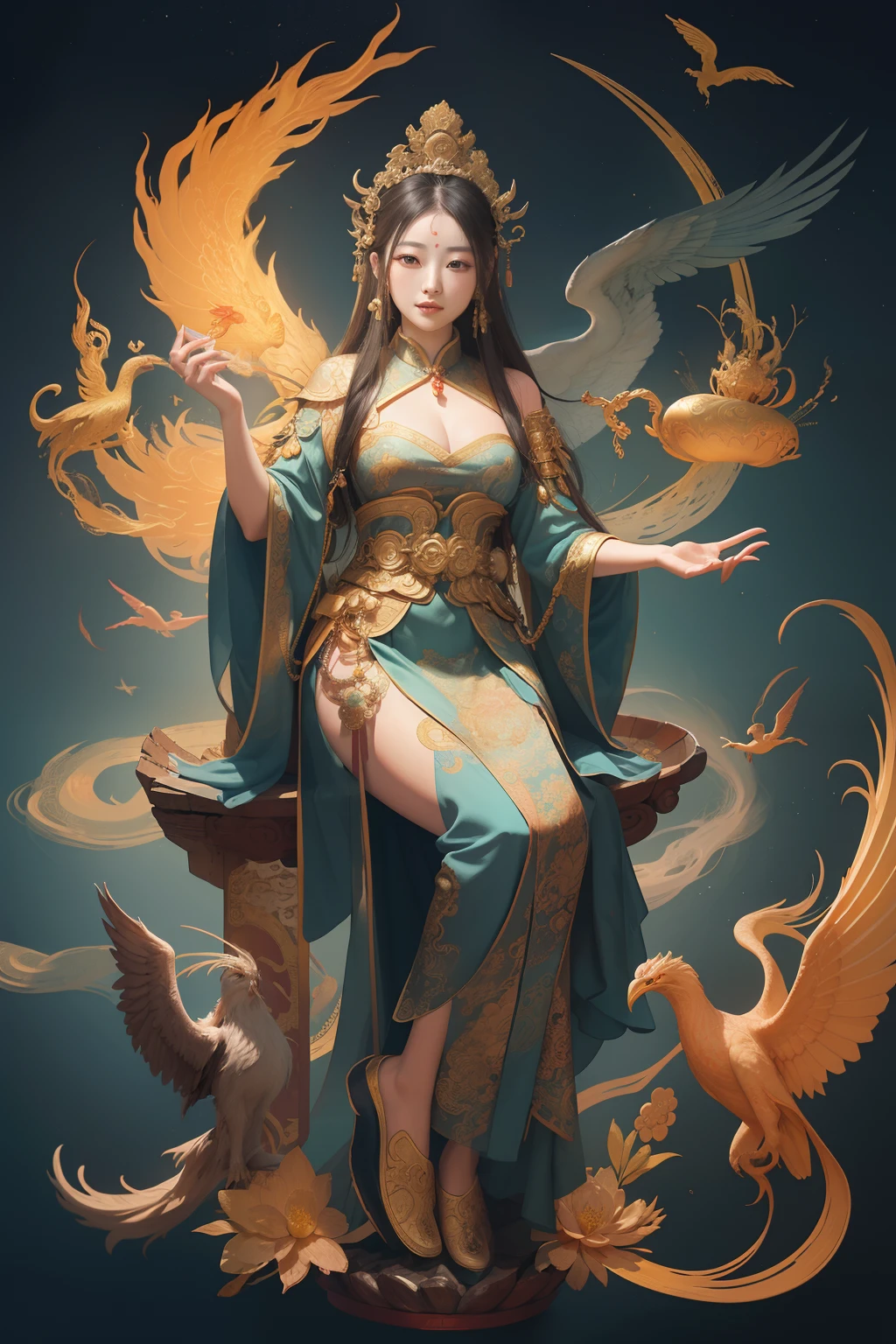 an ancient Chinese goddess, guanyin of the southern seas, Guanyin, Inspired by China, Avalokiteshvara rides a phoenix，,Serene expression,shui mo hua,Buddha,Buddhist,Lotus,Chinese painting style,Thangka style