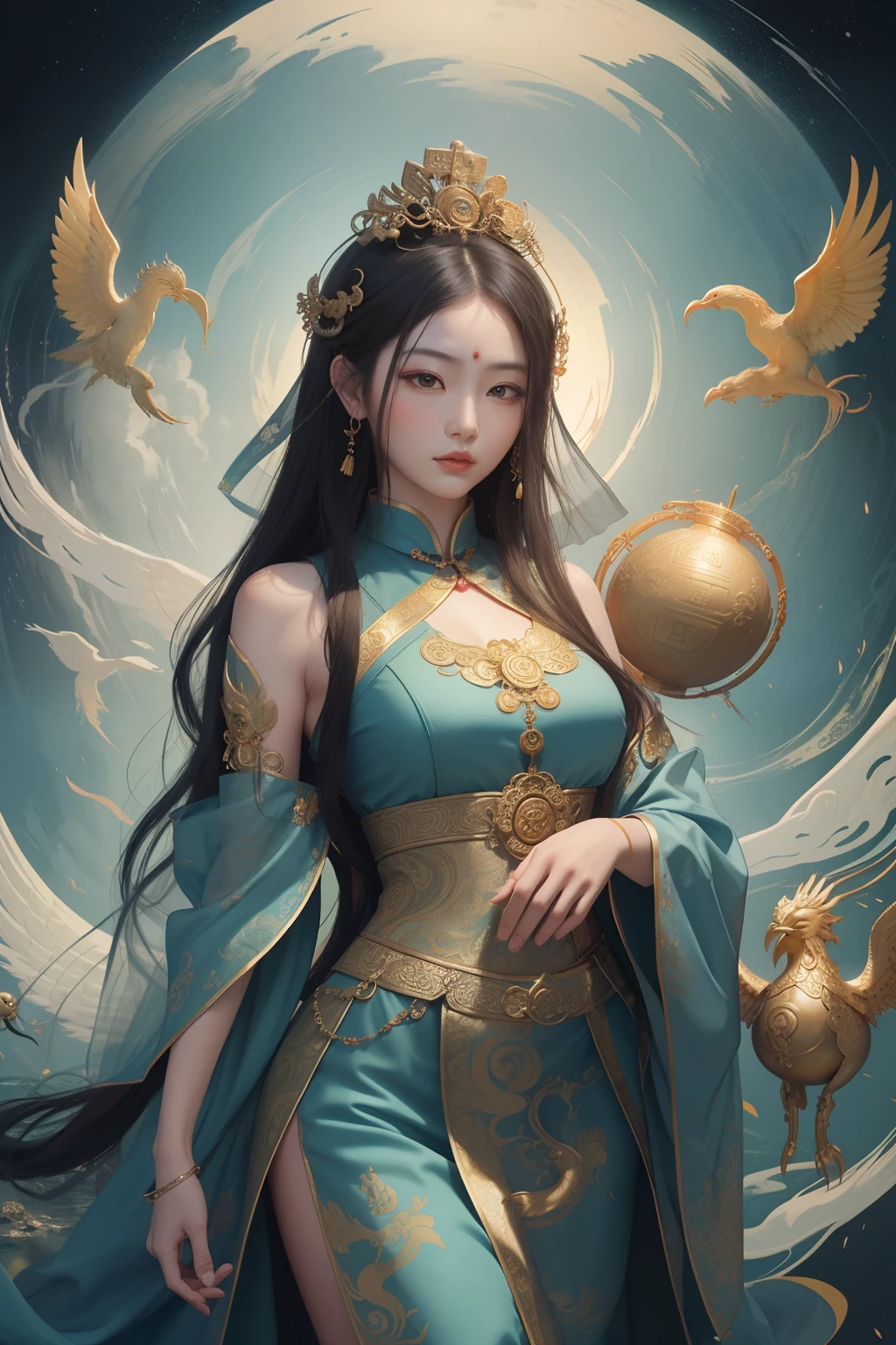 an ancient Chinese goddess, guanyin of the southern seas, Guanyin, Inspired by China, Avalokiteshvara rides a phoenix，,Serene expression,shui mo hua,Buddha,Buddhist,Lotus,Chinese painting style,Thangka style