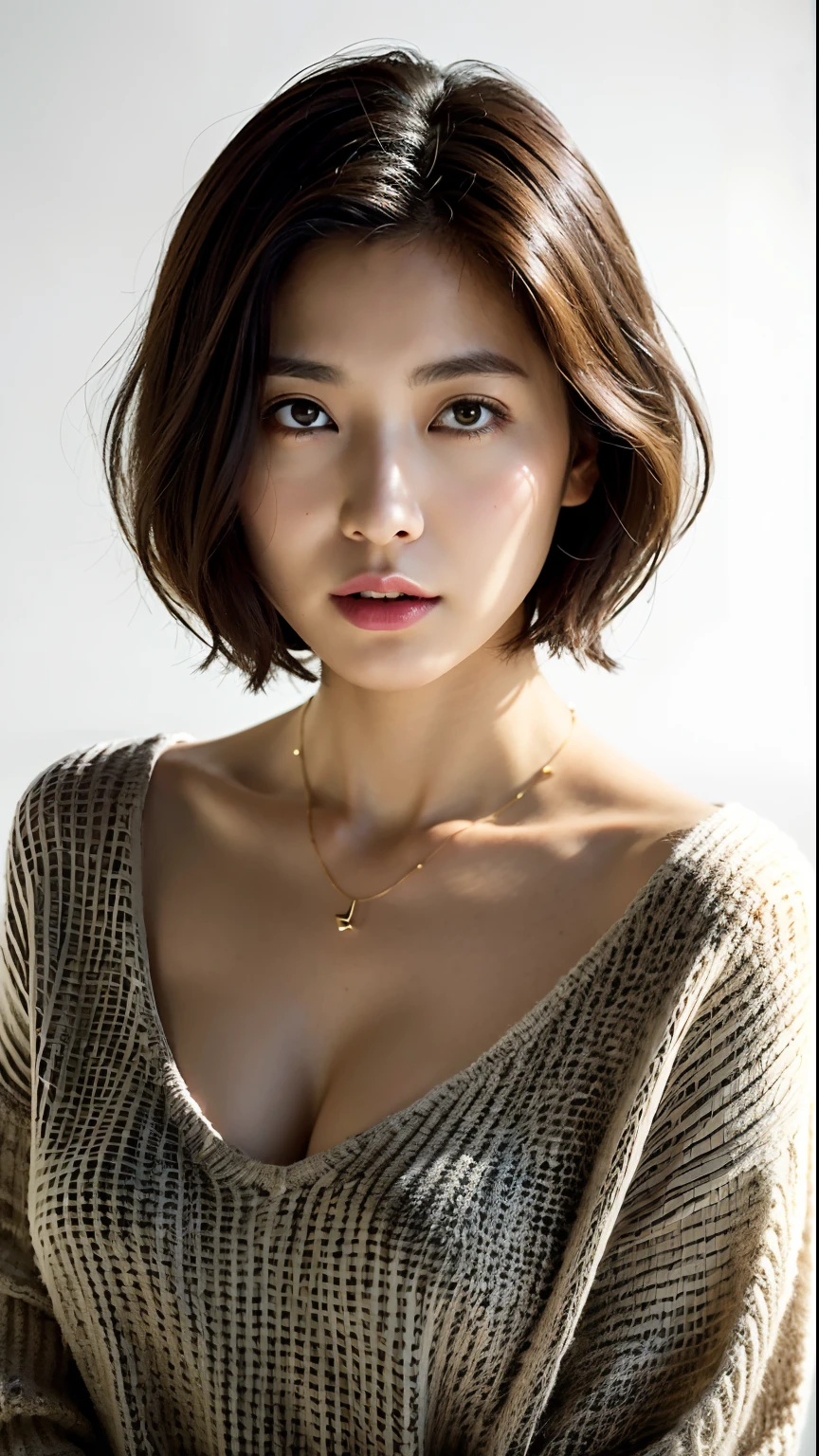 (highest quality, 8k, 32k, masterpiece, Ultra-high resolution:1.2),Beautiful Japanese Women Photos, Large Breasts, Very short bob hair,Upper Body,Face Focus,Extra Large_sweater, necklace, Simple Background, From above, View your viewers,((library,I have a book,)),mole,