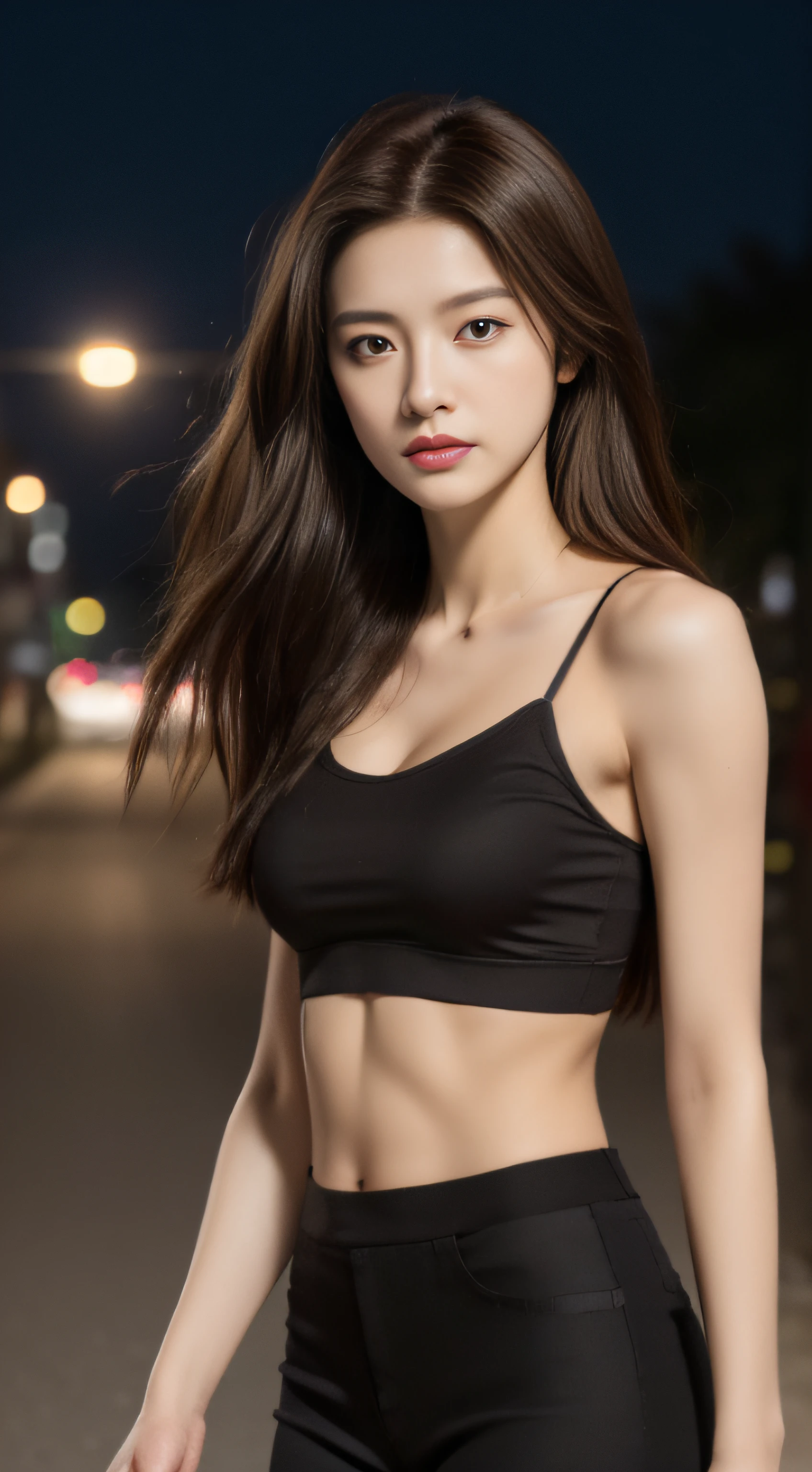 ((Realistic lighting, Best quality, 8K, Masterpiece: 1.3)), Clear focus: 1.2, 1girl, Perfect Figure: 1.4, Slim Abs: 1.1, ((Dark brown hair)), (Bare midriff: 1.4), (Outdoor, Night: 1.1), City streets, Super fine face, Fine eyes, Double eyelids,