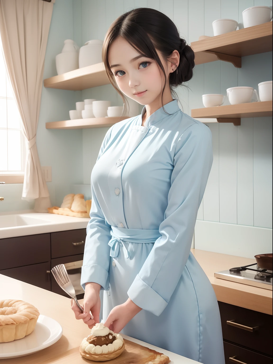 masuter piece, best qualtiy, ((Real Model Shots)), 8K picture quality, ((1 persons)), extremely delicate and beautiful, magnifica, Official art with attention to detail, (Cute girl at 18 years old), (Petite and pretty girl), (japanese beauty girl), ((Perfect female figure)), large full breasts, Slim waist, big butts, Black hair, (((Cute light blue color long sleeve pastry chef clothes))), Cooking clothes, Whole cakes, atelier, Cake shop, ssmile,