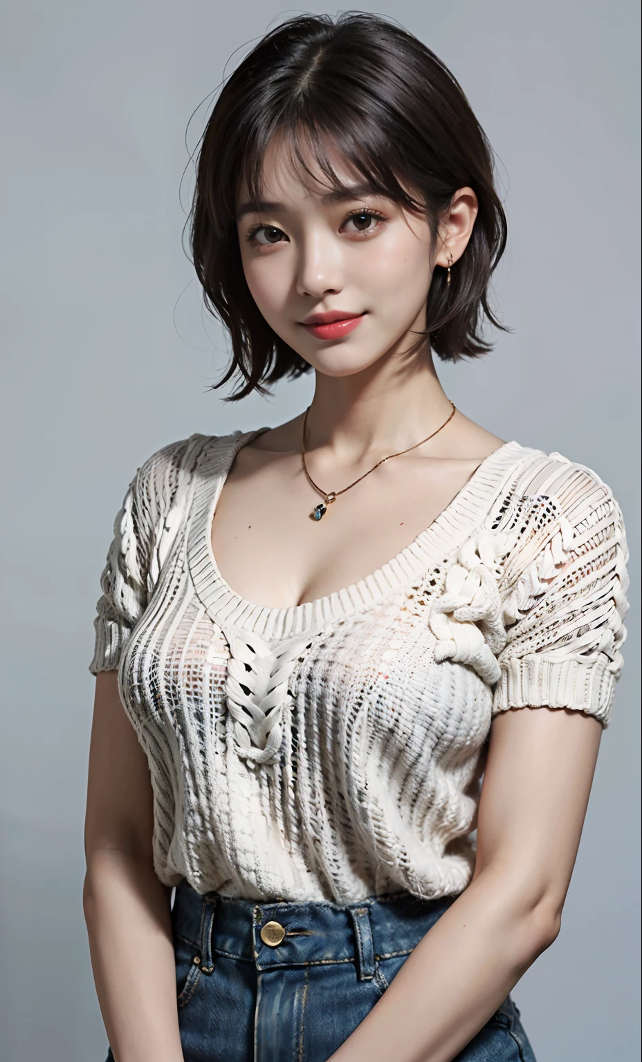 (Best quality, 8k, 32k, Masterpiece, UHD:1.2),Pretty korean woman photo, big breasts, very short short hair, upper body,(oversized_sweater,:1.1) necklace, simple background, tour, smile