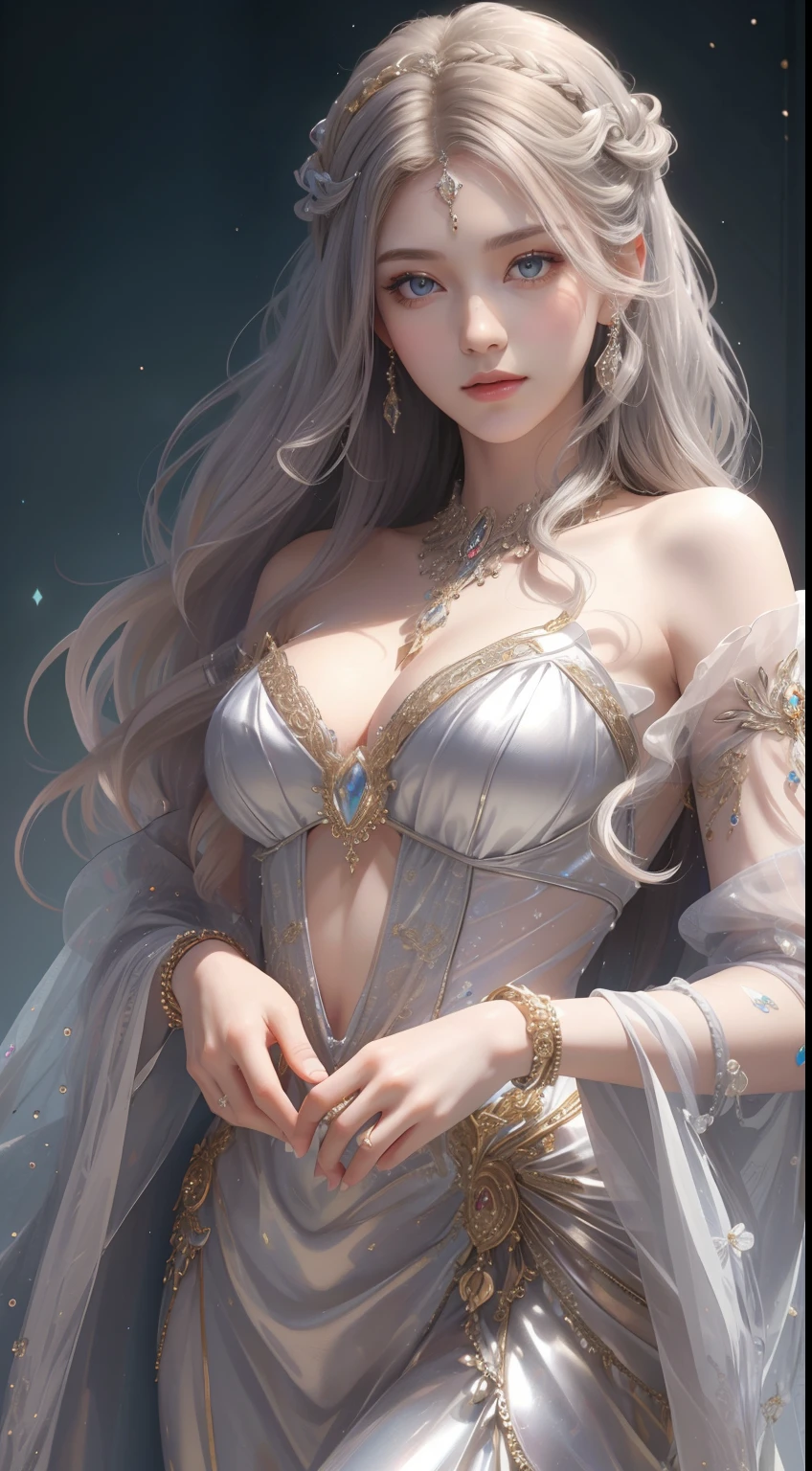 tmasterpiece，Highest image quality，Beautiful bust of a noble maiden，Delicate silver hairstyle，Clear golden eyes，Embellished with a dazzling array of intricate jewelry，Super detailed in detail，upscaled。