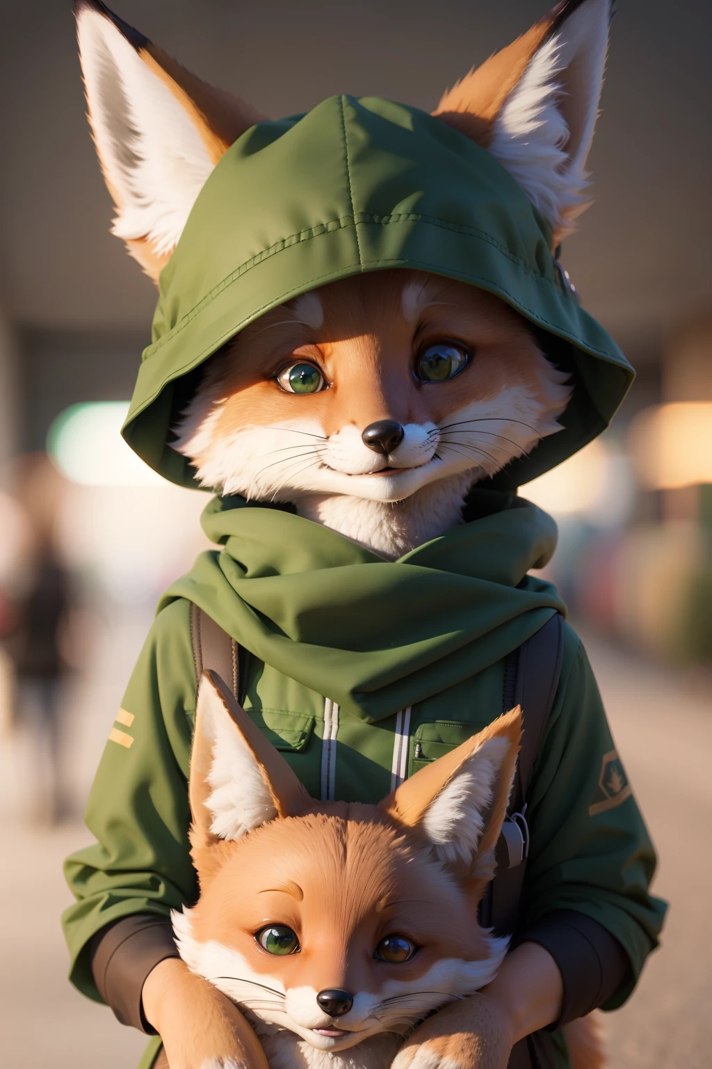 Fox smiling with smartphone in hand, sorriso no rosto, roupa verde, Fast Internet, connectedness, Wi-Fi, 5g, Personagem 3D, corpo inteiro