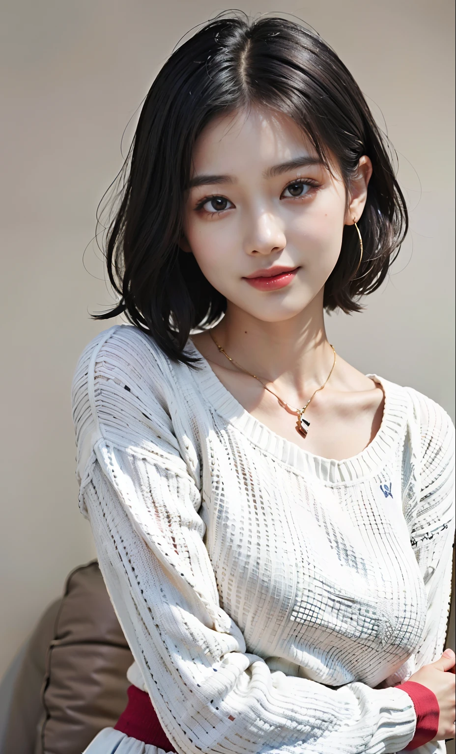 (Best quality, 8k, 32k, Masterpiece, UHD:1.2),Pretty korean woman photo, big breasts, very short short hair, upper body,(oversized_sweater,:1.1) necklace, simple background, tour, smile