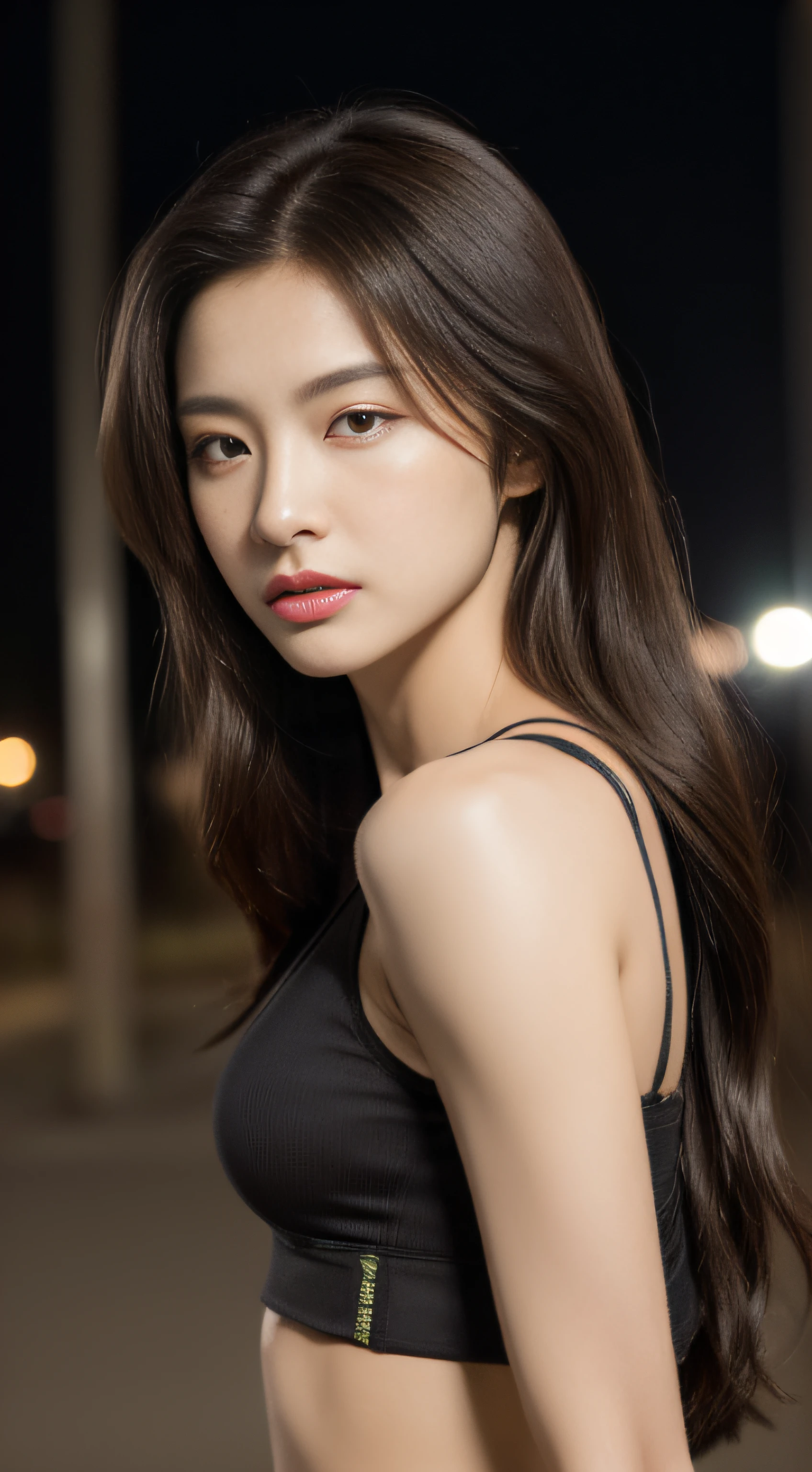 ((Realistic lighting, Best quality, 8K, Masterpiece: 1.3)), Clear focus: 1.2, 1girl, Perfect Figure: 1.4, Slim Abs: 1.1, ((Dark brown hair)), (Bare midriff: 1.4), (Outdoor, Night: 1.1), City streets, Super fine face, Fine eyes, Double eyelids,