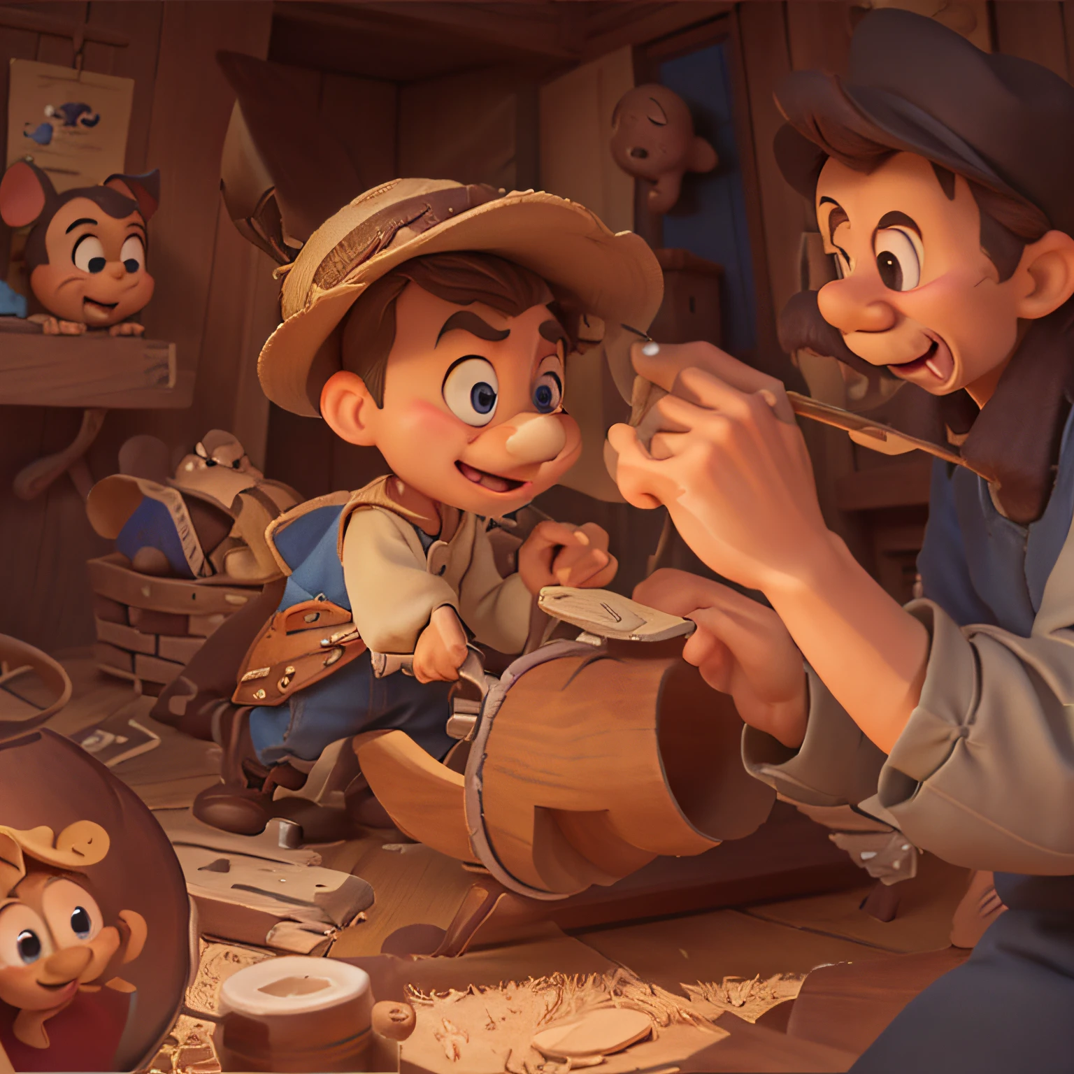 Caricature of an old man and a child, in a carpentry shop, Pinocho, Nariz de Pinocho, Dibujos animados de Disney, Disney 2D Traditional Animation, Personaje de Disney, Children's animated films, in style of disney animation, style of disney animation, Series animadas de dibujos animados, Cara de dibujos animados de Disney, Disney Disney, Disney vintage, por Walt Disney, Disney 2D Animation Still, cuento infantil, Cinematic, Colorful, Happy