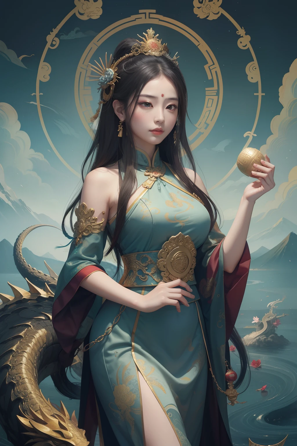 an ancient Chinese goddess, guanyin of the southern seas, Guanyin, Inspired by China, Avalokiteshvara rides a dragon,,Serene expression,shui mo hua,Buddha,Buddhist,Lotus,Chinese painting style,Thangka style