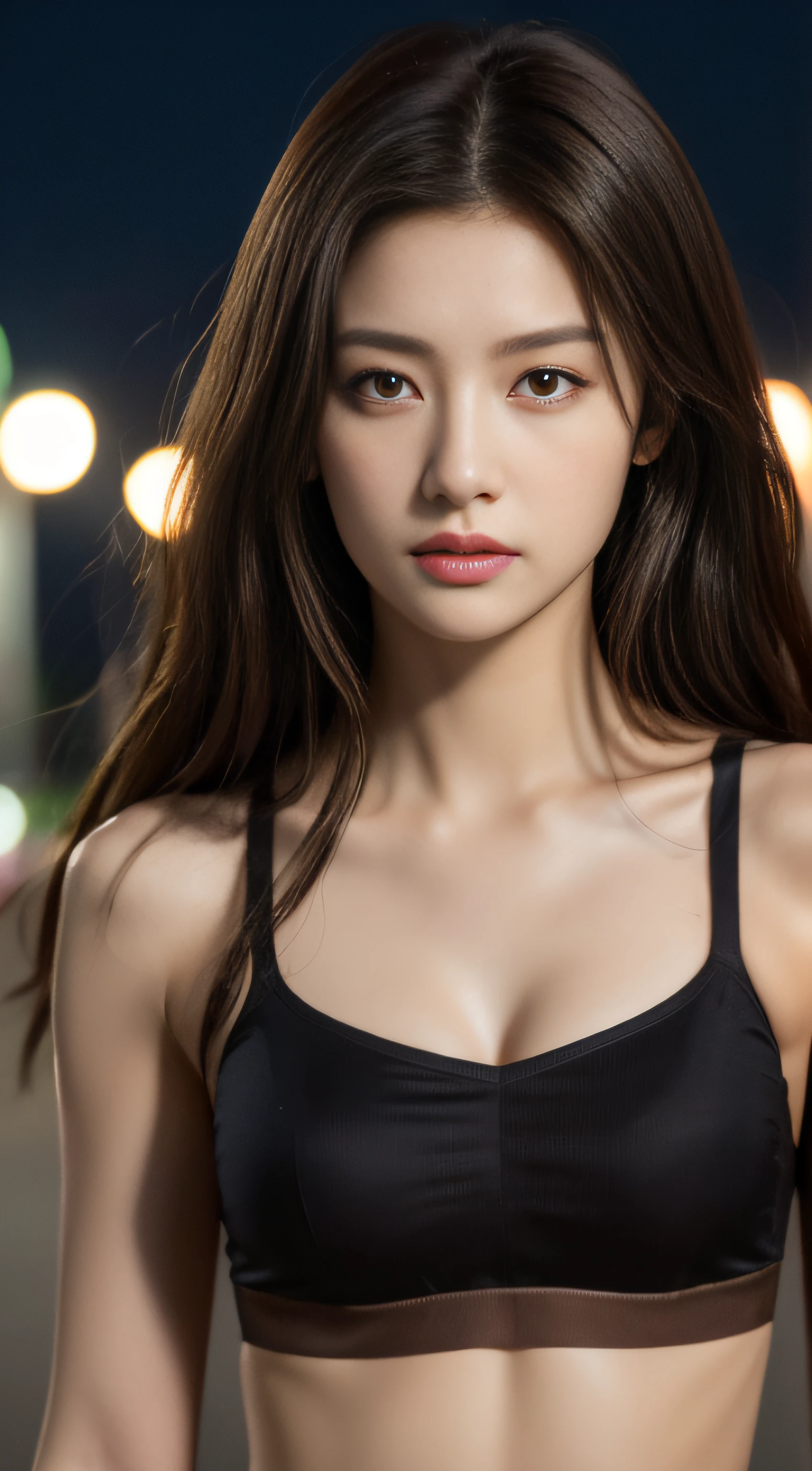 ((Realistic lighting, Best quality, 8K, Masterpiece: 1.3)), Clear focus: 1.2, 1girl, Perfect Figure: 1.4, Slim Abs: 1.1, ((Dark brown hair)), (Bare midriff: 1.4), (Outdoor, Night: 1.1), City streets, Super fine face, Fine eyes, Double eyelids,